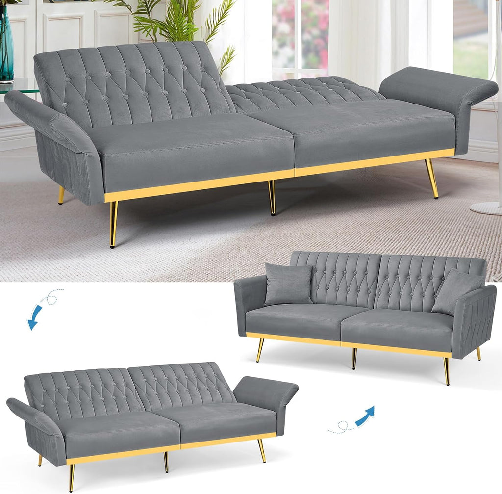 2 Pieces Velvet Sofa Set with Adjustable Armrest and Backrest, 70' Convertible Futon Sofa Bed & Mordern Accent Chair with Ottoman for Living Room, Bedroom, Grey