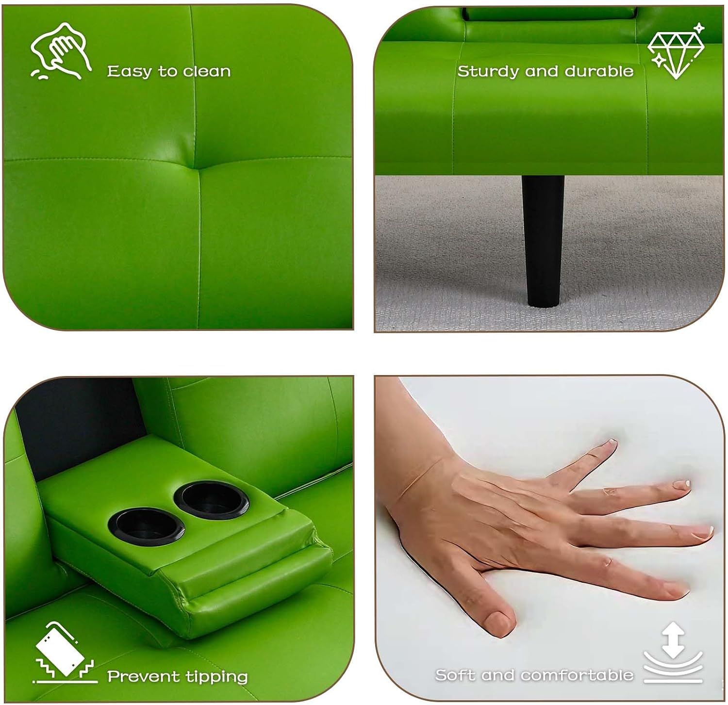 67' Futon Sofa Bed,Convertible Sofa Bed with 2 Cup Holders,Sleeper Couch PVC Leather Removable Soft Armrest Small Couch for Living Room Apartments ﻿ (Green)