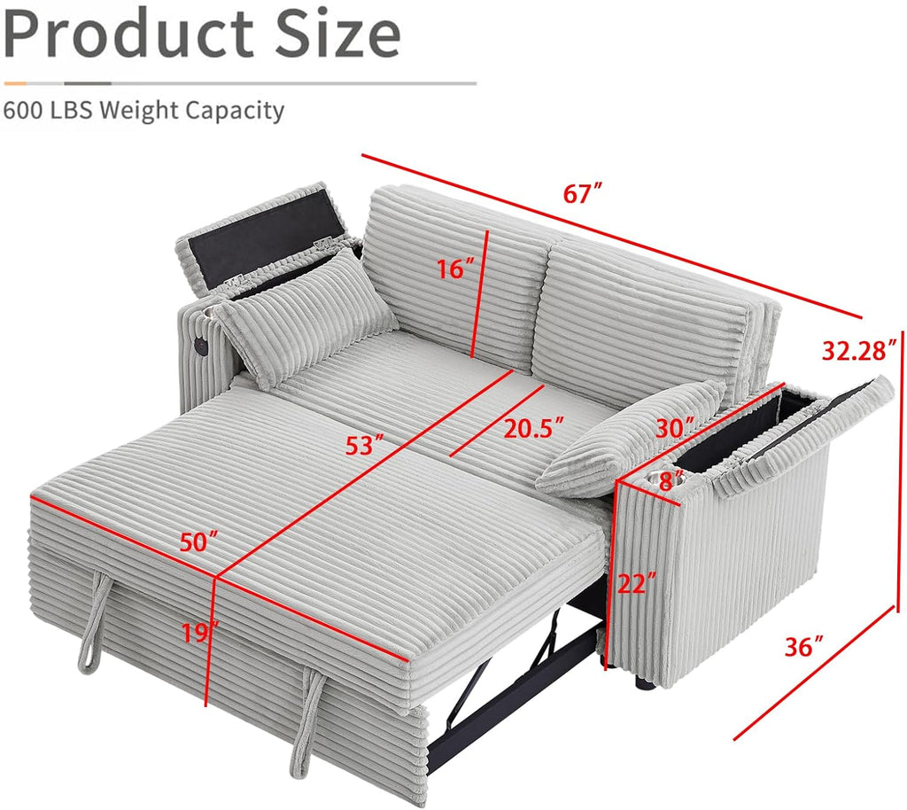 hansones 68.11' Corduroy Sleeper Chair Bed with USB Port, Cup Holders & Side Storage Pockets – 3-in-1 Foldable Sofa Bed for Guest Room, Living Room –Gray