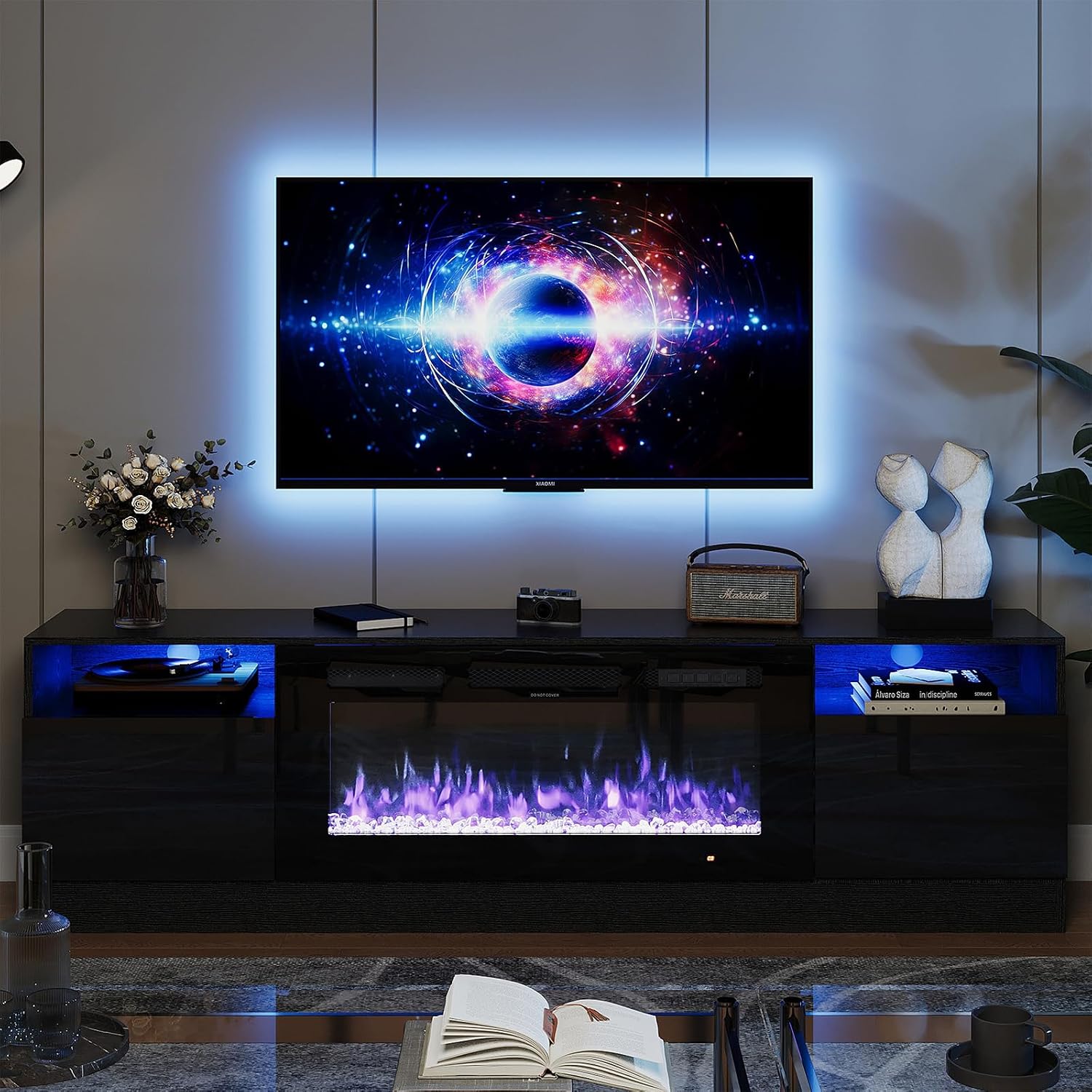 oneinmil Fireplace TV Stand with 36' Electric Fireplace, LED Light Entertainment Center, Modern Wood Texture Entertainment Stand with Highlight Storage Cabinet for TVs Up to 80', 70 inches, Black