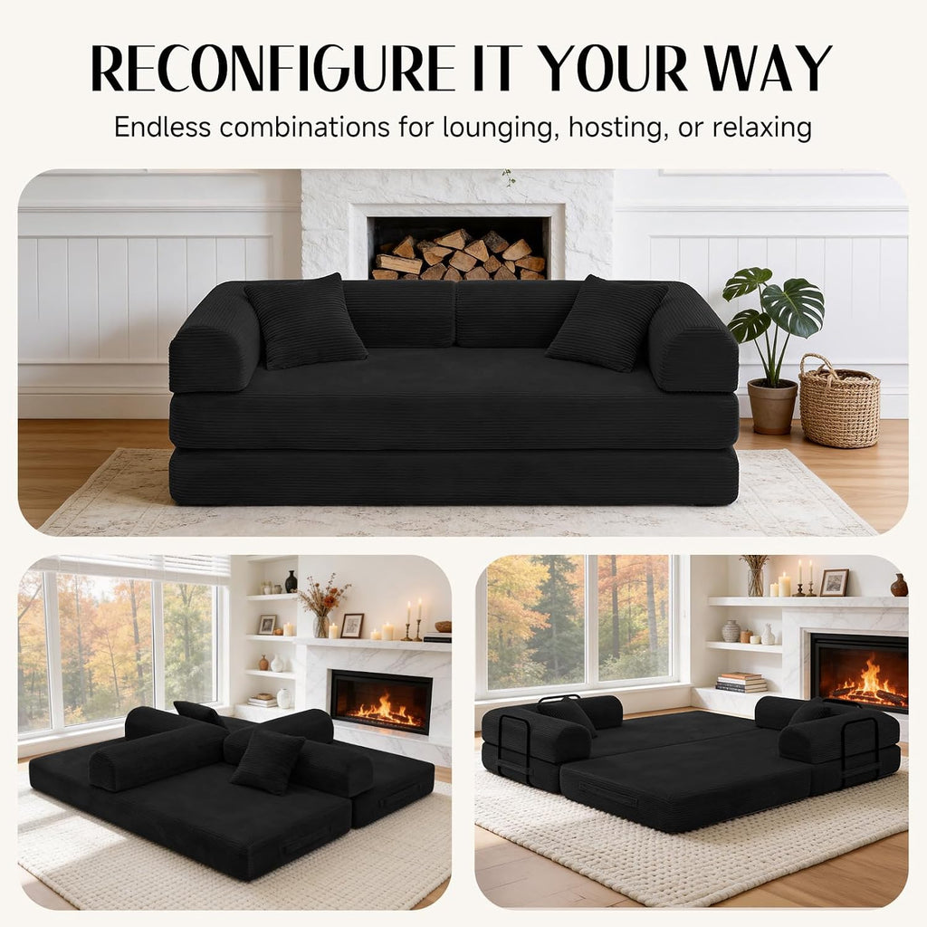 79' Corduroy Sofa Bed, Boneless Couch in a Box with 2 Pillows, High-Density Foam 4-in-1 Foldable Sleeper Futon Loveseat for Small Spaces, No Assembly,Black