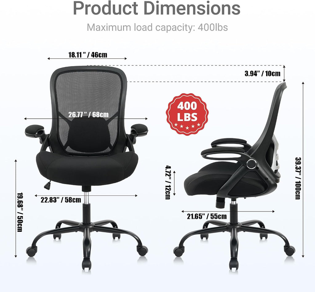HYLONE Big and Tall 400lbs Heavy Duty Office Chair, 5' Thickened Seat Ergonomic Desk Chair with Adjustable Armrests, Home Office Computer Chairs for Long Hours Mesh Executive Chair(Black)