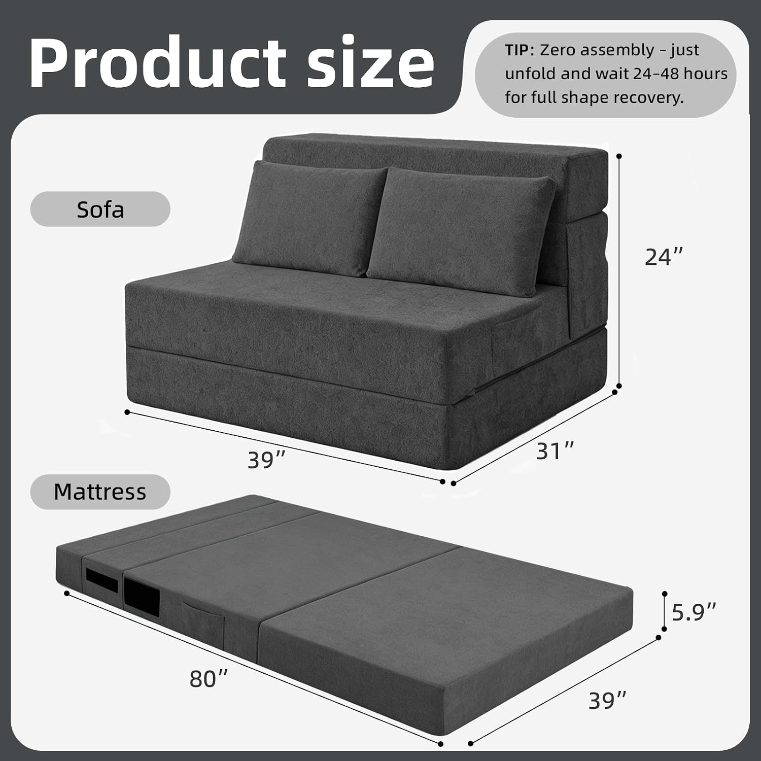 Folding Sofa Bed, Convertible Sleeper Chair with Pillow, Loveseat Fold Out Chair Bed, Memory Foam Floor Couch Mattress, Foldable Futon Couch Lounge for Living Room Guest Room (Grey, Twin XL)