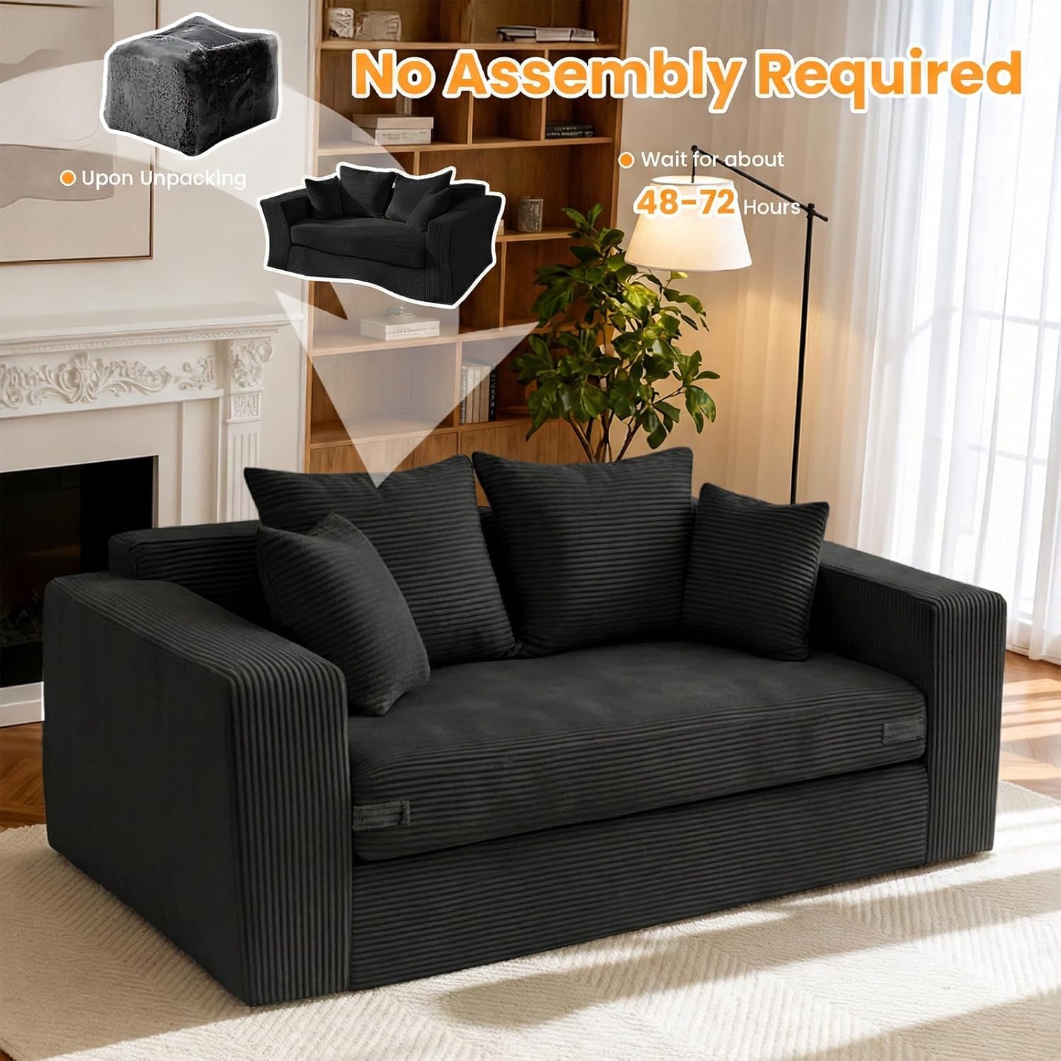 55' Small Boneless Couch, 3-in-1 Boneless Loveseat Sleeper Sofa Bed Convertible Sofa Bed with 4 Pillows, Black Corduroy Boneless Couch for Living Room, Guest Room, Small Space, No Assembly Required