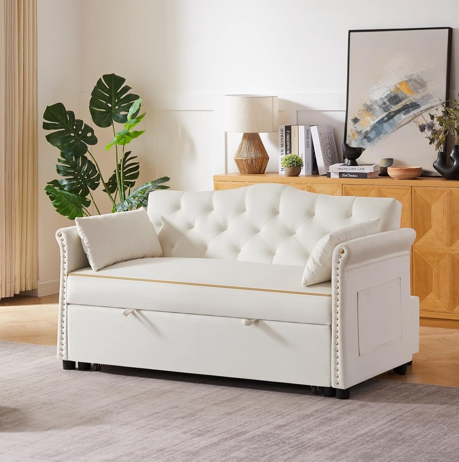 oaaktu 57-Inch Velvet Full Size Sleeper Sofa Couch with Pullout Bed,Convertible Pull Out with Golden Decorative Strip and Adjustable Backrest for Small Spaces,Apartment, Guest Room, RV (Beige)