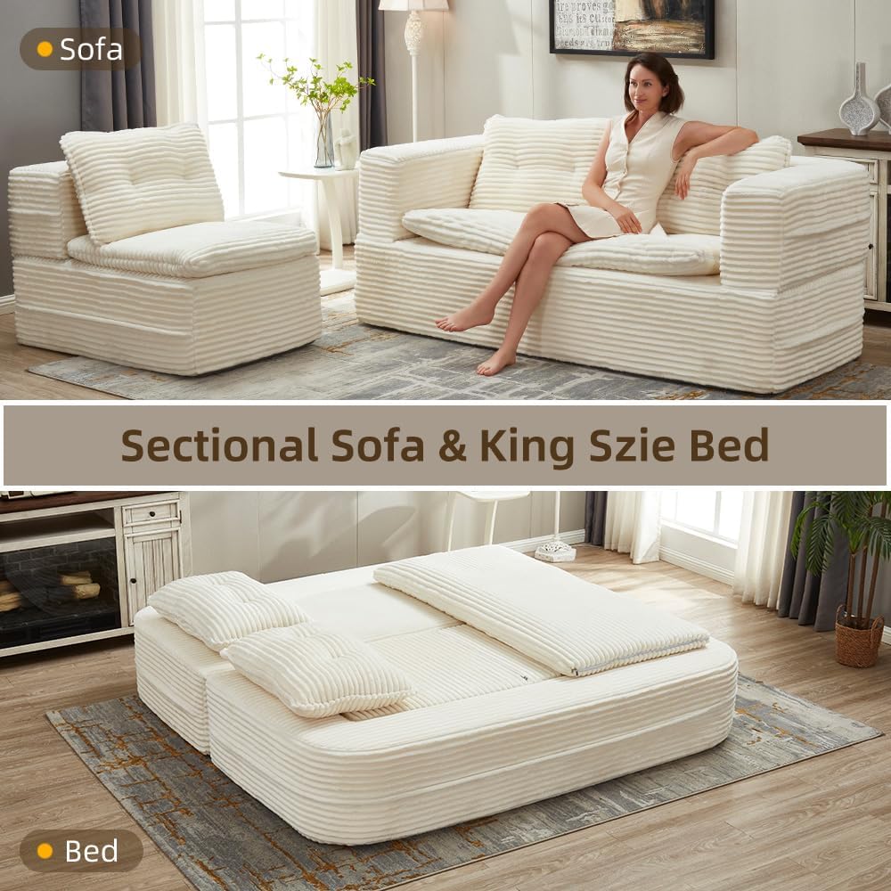 80'' Futon Sofa Bed, King Size Foldable Sleeper Sofa, Corduroy Boneless Loveseat Couch with Chaise Lounge, 3 Pillows, Blanket, Upholstered Sectional Couches for Living Room, Bedroom, Beige