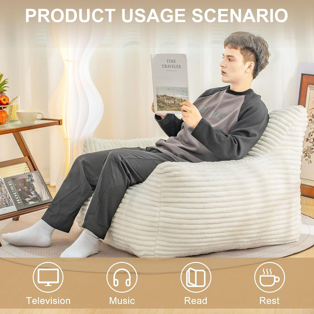 Bean Bag Chair for Adults, Comfy Corduroy Beanbag with Armrests, Lazy Sofa Floor Chair for Living Room, Bedroom, Dorm & Lounge, Cozy Fluffy Single Mini Couch (White)