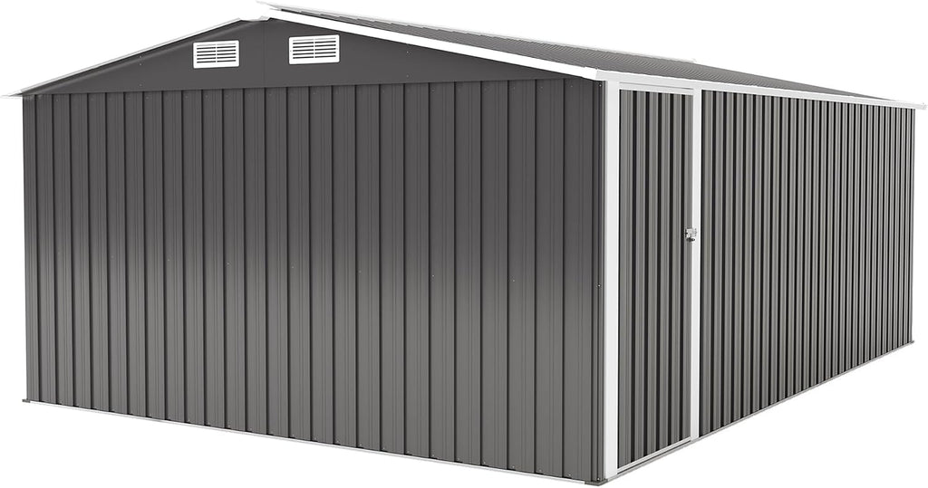 10x14 FT Outdoor Metal Storage Shed with Lockable Door, Steel Garden Utility Shed with Vents, Backyard Patio Tool Shed for Lawn Equipment, Bike, Firewood and Mower Storage, Gray