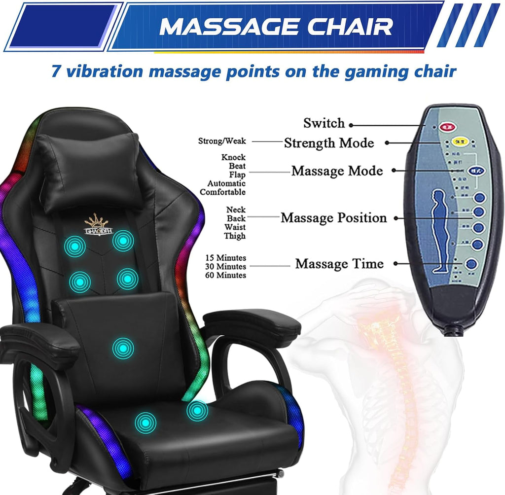 Ergonomic Gaming Chair Computer Chair with RGB LED Lights and Speakers, Office Chair PU Leather Massage Swivel Recliner Chair with Footrest Lumbar Support Headrest Armrest,Black