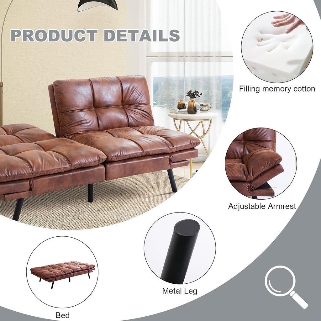 Futon Sofa Bed Convertible Couch,Memory Foam Futon Sofa Couch,Sleeper Futons Sofa Couches,Small Splitback Modern Loveseat Sofa Bed for Living Room,Office,Apartment,Faux Leather,Brown.