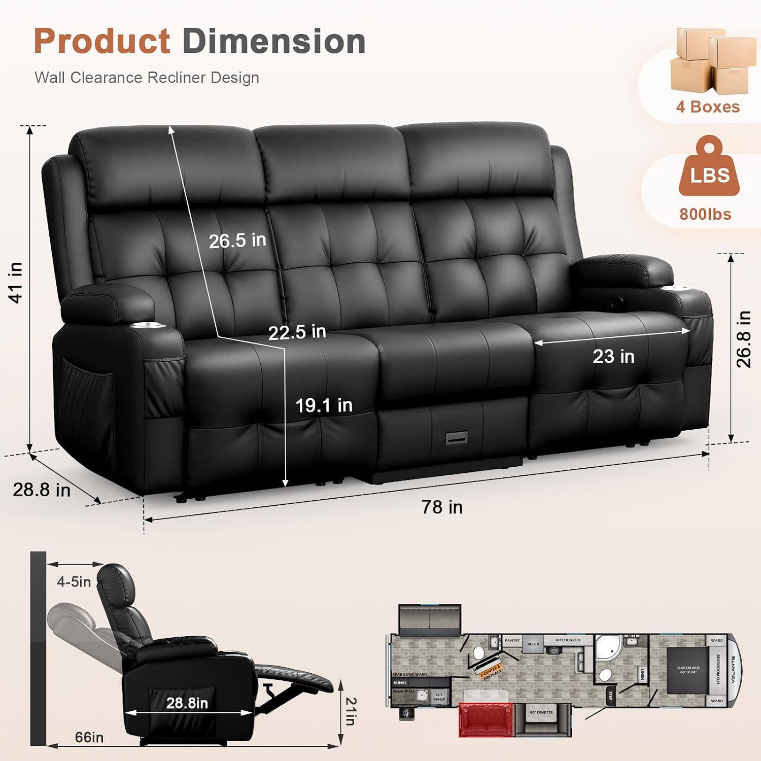 RV Loveseat Recliner Sofa, Oversized Massage Wall Hugger 3-Seater Recliners Couch with Flip Middle Backrest, Drawers & Cup Holder, Reclining Sleeper, 150° Adjustable Recline for RV & Living Room