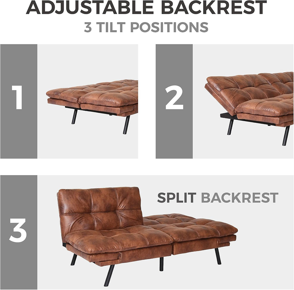 Anwick Convertible Memory Foam Futon Couch Bed, Leather Futon Sofa Bed, Folding Modern Sleeper Sofa with Quick Adjustable Armrest and Backrest for Studio Apartment/Home Office/Small Space (Brown)