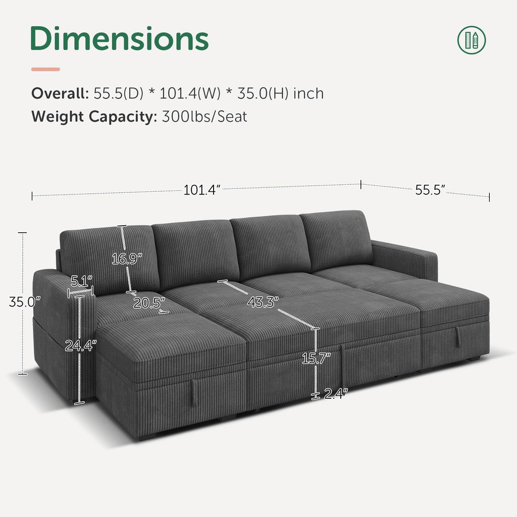 HONBAY Modular Sectional Sleeper Sofa Bed, Corduroy Pull Out Couch with Storage Ottoman, U Shaped Sectional Couches for Living Room, Dark Grey