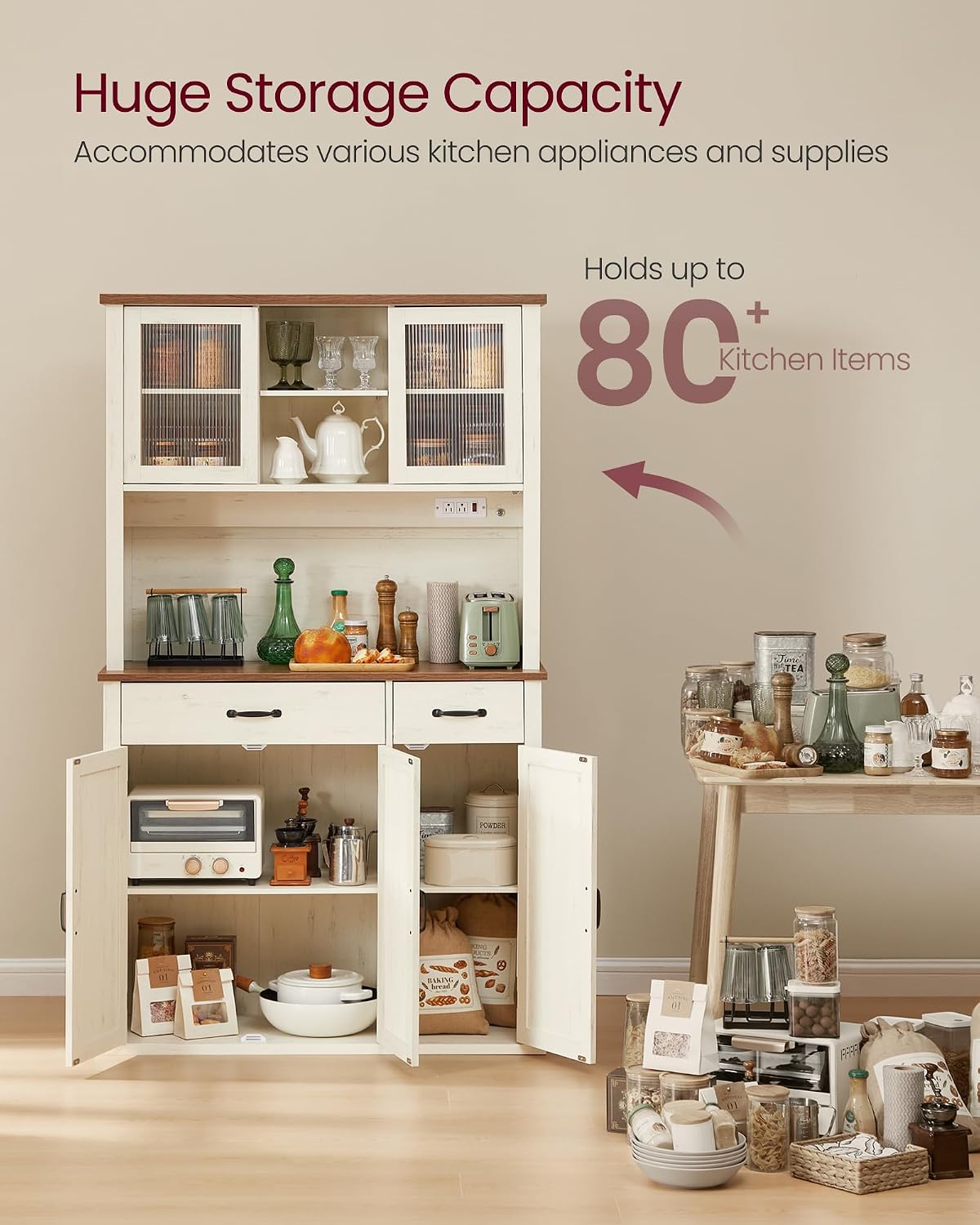 VASAGLE Pantry Cabinet with Lights and Charging Station, Kitchen Storage Cabinet with Doors and Drawers, 15.6 x 41.9 x 71.1 Inches, Adjustable Shelves, Farmhouse Style, Rustic White UBBK391W01