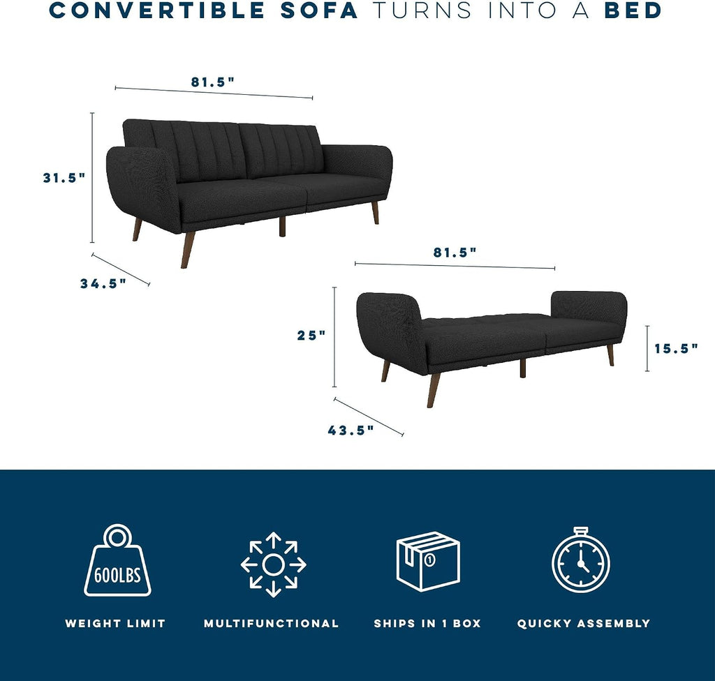 Novogratz Brittany 82 Inch Futon Sofa Bed in Faux Leather, Upholstered Couch Sleeper with Tufted Back, Mid-Century Modern Design, Dark Gray