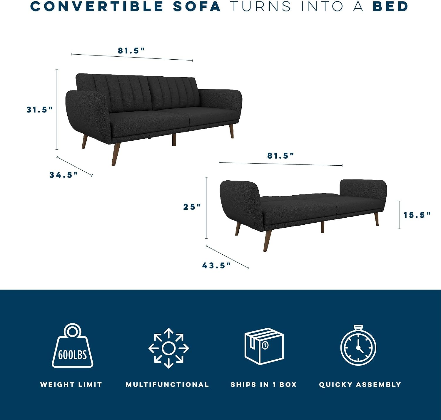 Novogratz Brittany 82 Inch Futon Sofa Bed in Faux Leather, Upholstered Couch Sleeper with Tufted Back, Mid-Century Modern Design, Dark Gray