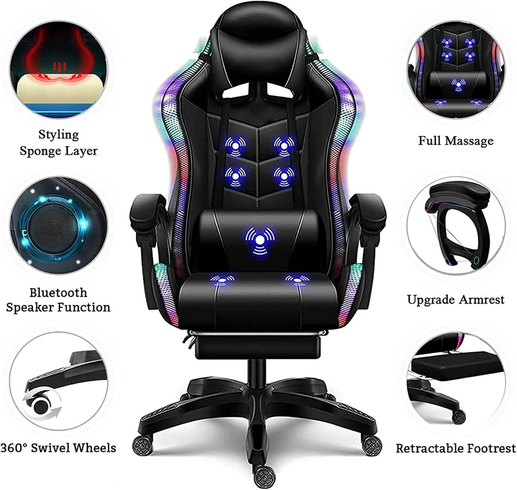 Full Massage Gaming Chair for Adults Video Game Chair with Speaker and RGB Light PU Leather Office Chair with Footrest Headrest Armrest Recliner Computer Chair Swivel E-Sports Chair,White