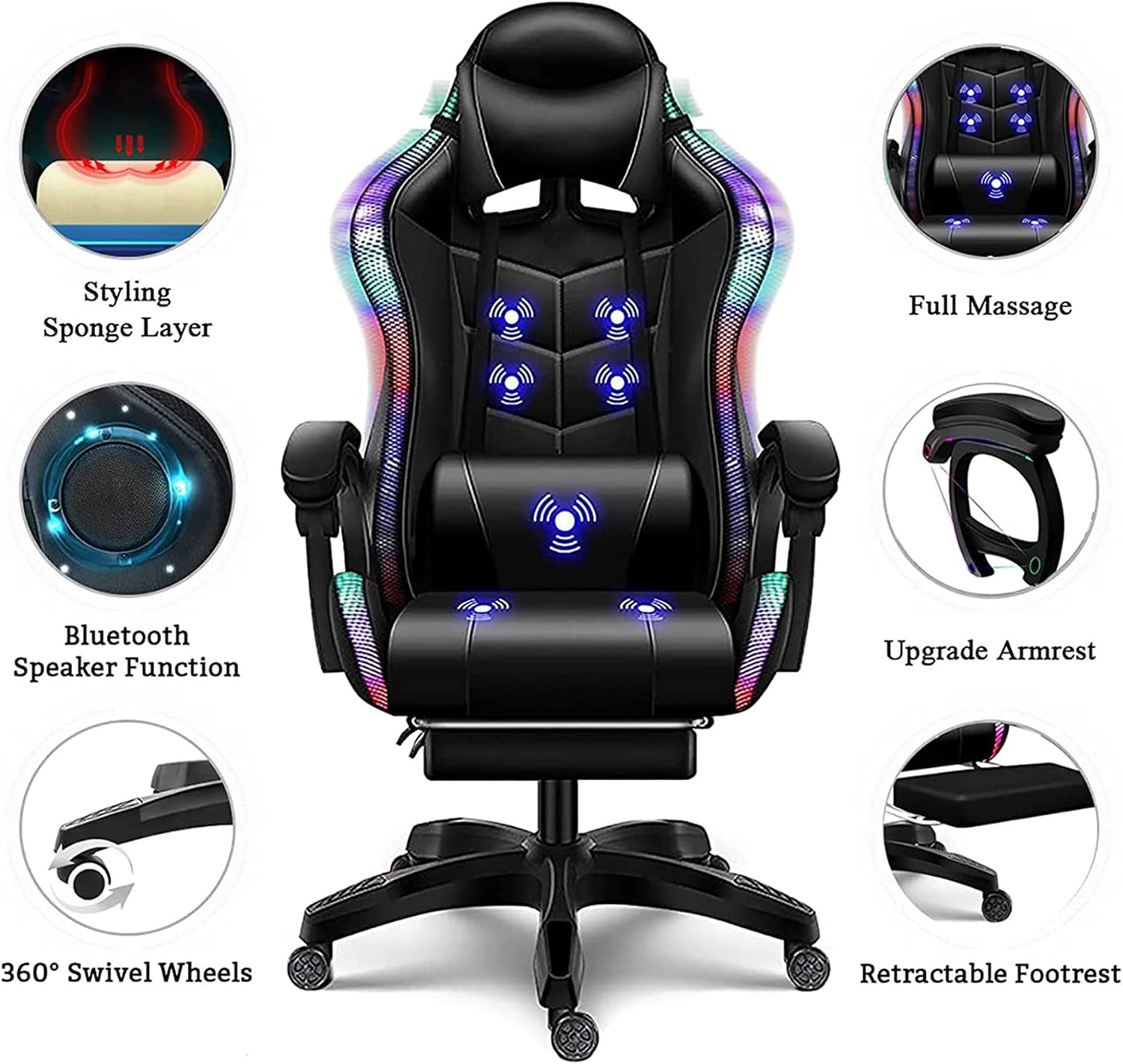 Full Massage Gaming Chair for Adults Video Game Chair with Speaker and RGB Light PU Leather Office Chair with Footrest Headrest Armrest Recliner Computer Chair Swivel E-Sports Chair,Black