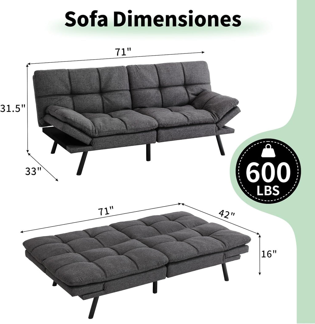 MUUEGM 71' Convertible Futon Sofa Bed, Upholstered Small Futon Couches with Adjustable Backrest, Loveseat Sleeper Bed for Compact Living Room Studio Office (Pure Grey)