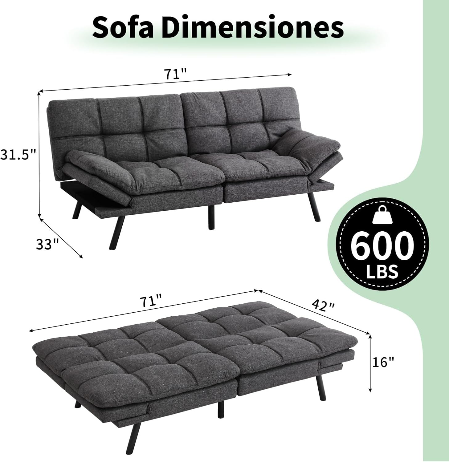 MUUEGM 71' Convertible Futon Sofa Bed, Upholstered Small Futon Couches with Adjustable Backrest, Loveseat Sleeper Bed for Compact Living Room Studio Office (Pure Grey)