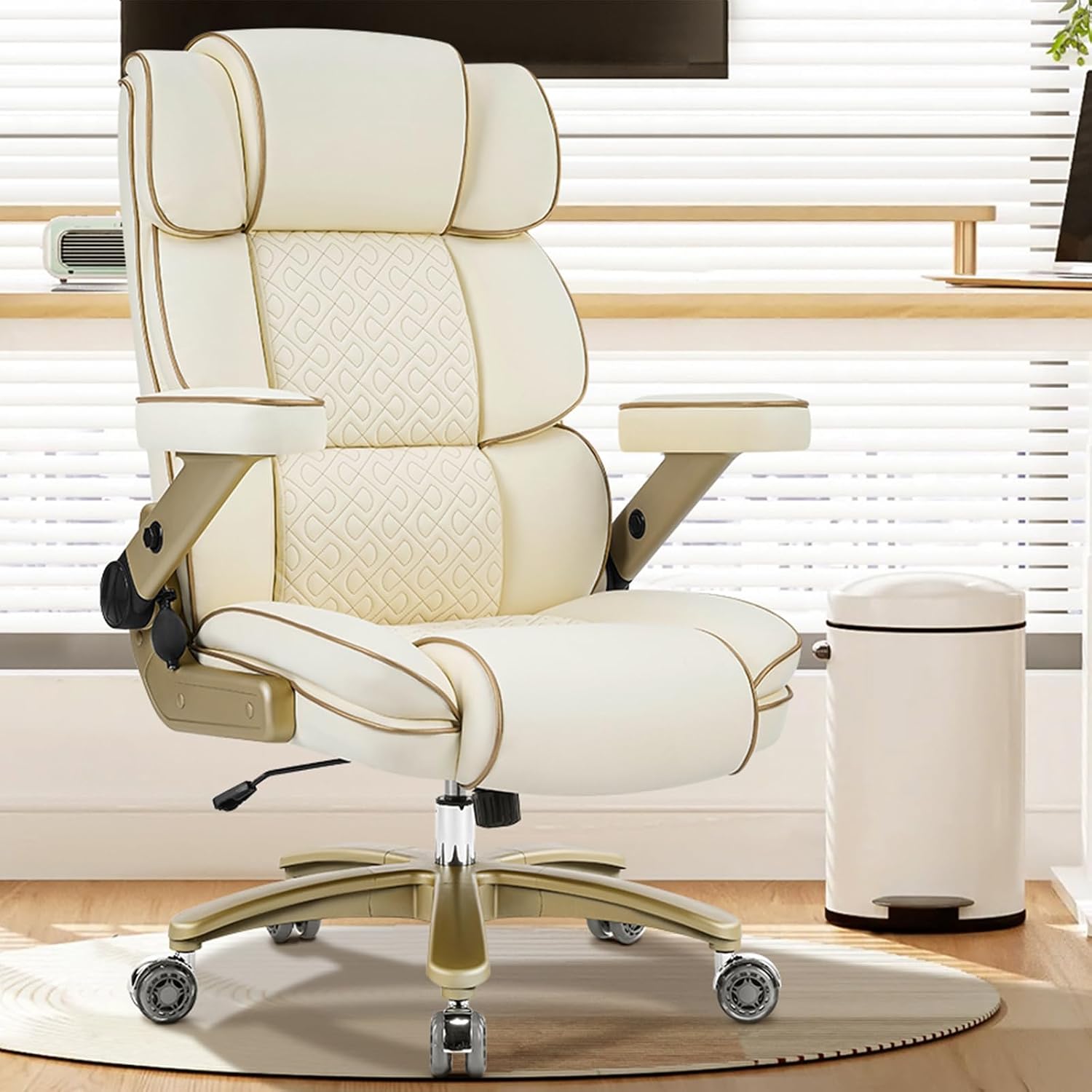 Big and Tall Office Chair 500lbs,5D Armrests Heavy Duty Executive Leather Chair with Comfortable Seat, Adjustable Lumbar, High Back, Large Computer Desk Chair for Home Office, Beige