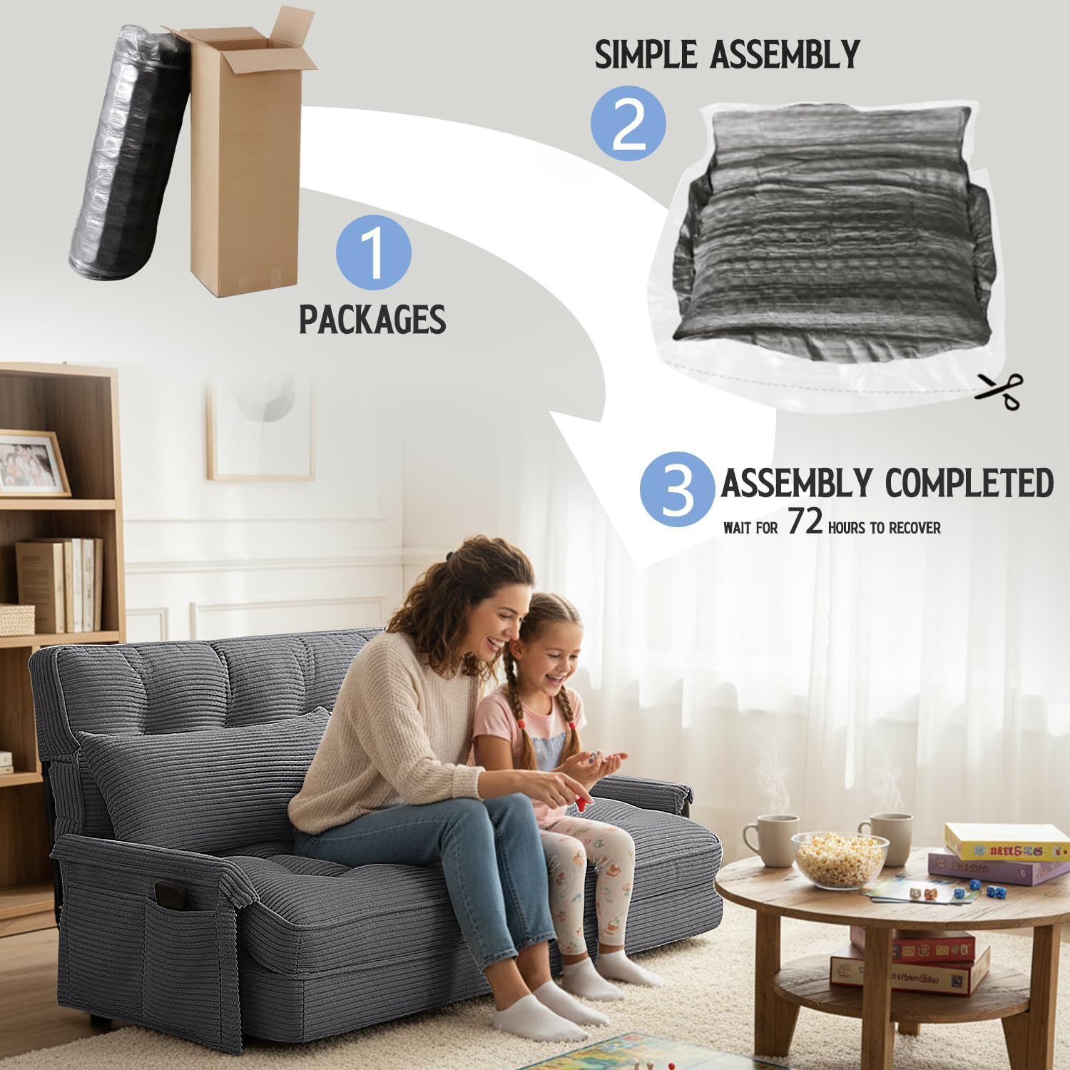 Convertible Futon Sofa Bed with Adjustable Backrest Pillows,Folding Loveseat Sleeper Sofa,Corduroy Pull Out Couches with Side Pocket for Living Room Bedroom Lounge,Grey