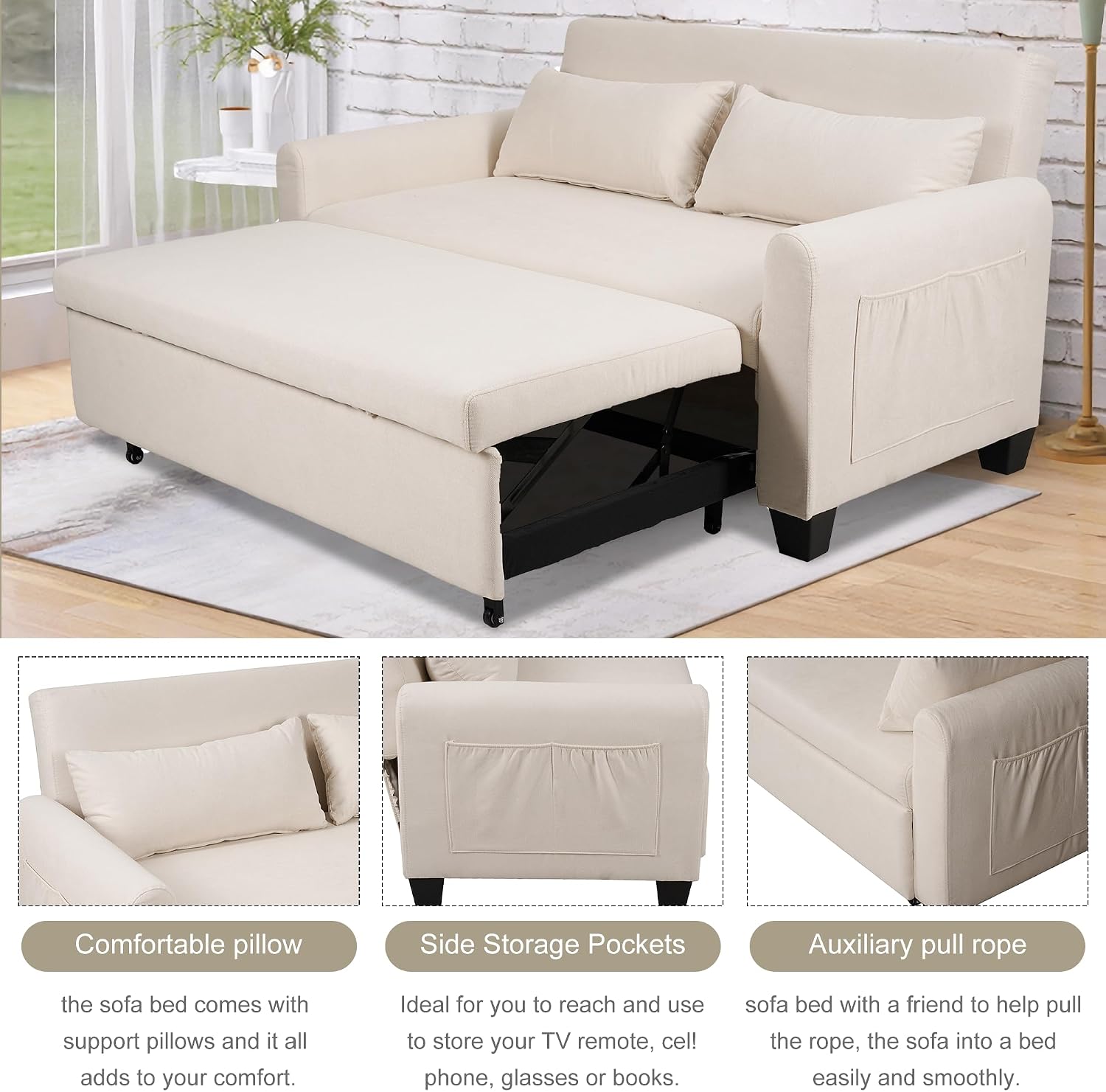 Oversized 3-in-1 Convertible Sleeper Sofa Bed, Futon Couch with Pullout Bed, 2-Seater Loveseat Sofa w/Pockets, Adjustable Backrest and Pillows for Living Room Apartment (White)