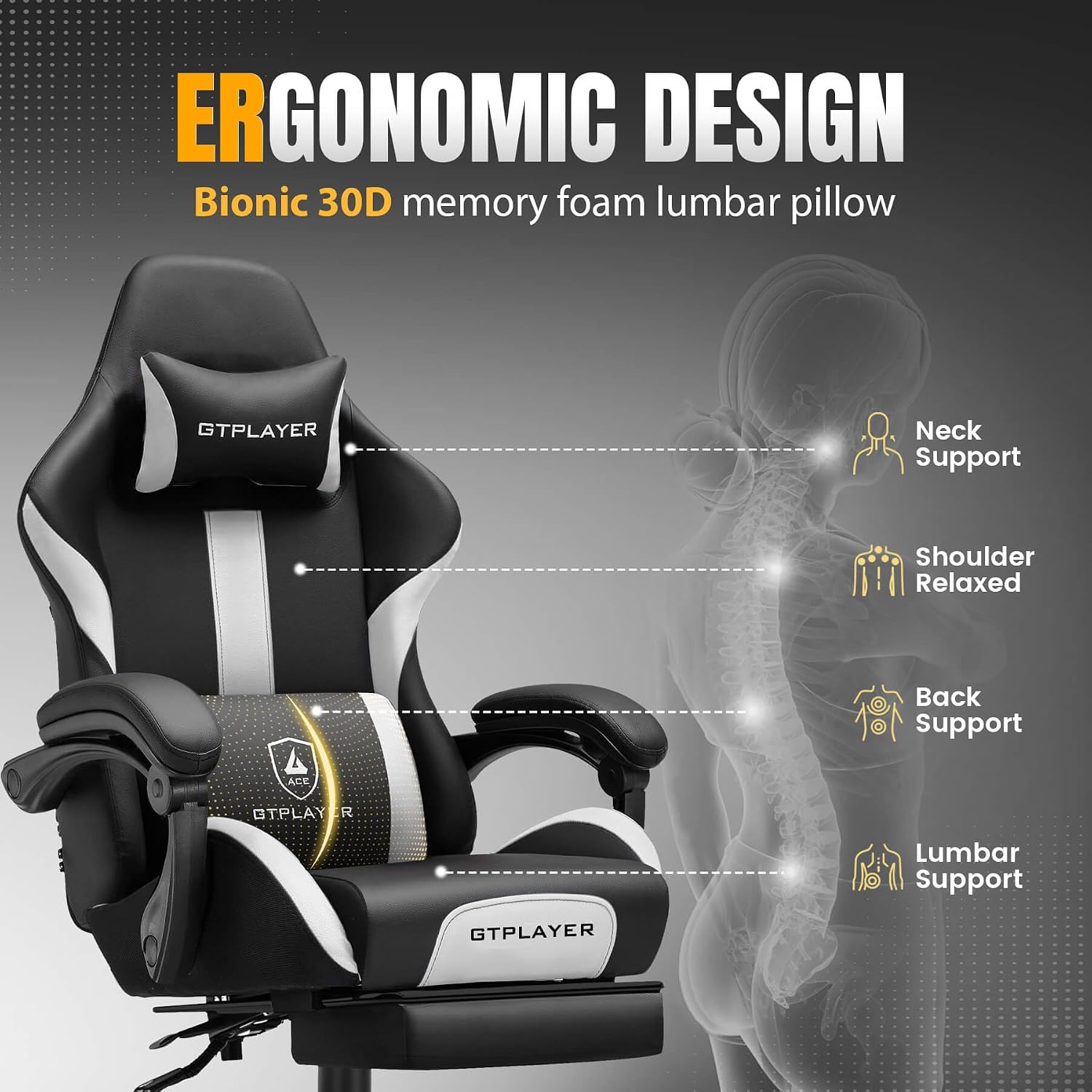 GTPLAYER Gaming Chair with Pocket Spring Cushion, Leather Office Chair with Ergonomic High Back & Lumbar Support for Back Pain Relief, Computer Game Chair for Adults, White/Black