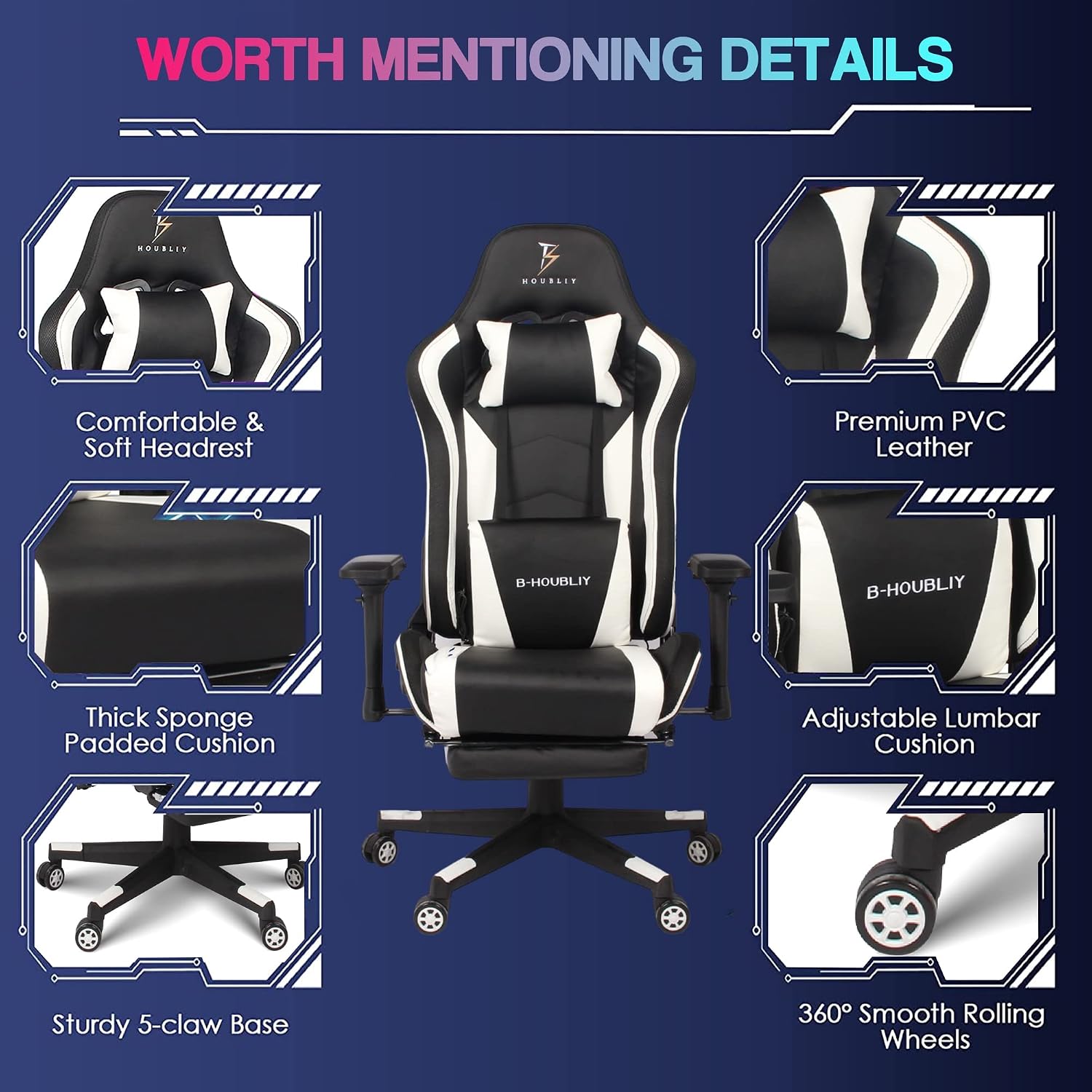 Gaming Chair with Footrest Computer Chairs for Adults PU Gamer Chair with Speakers and RGB Lights Full Massage Desk Chair Swivel Office Chair with Headrest 4D Armrest and Lumbar Support,Black