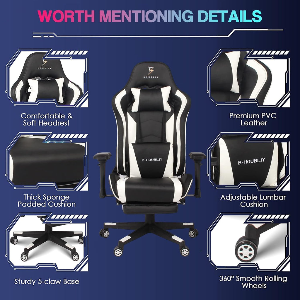 Ergonomic Pro Gaming Chair Video Game Chair with Footrest and 7-Point Massage Computer Chair with Speakers and RGB Lights Office Chairs Height Adjustable 4D Armrests Lumbar Support Headrest,Bl
