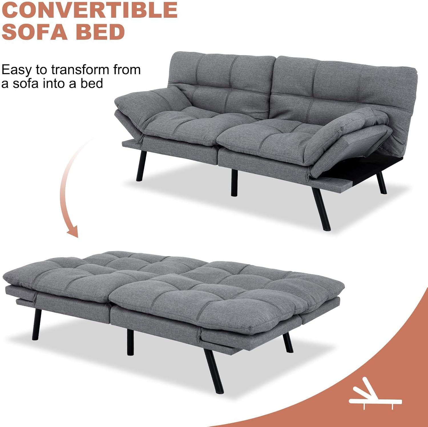 MUUEGM Futon Sofa Bed,Memory Foam Modern Convertible Couch Bed,Folding Futon Sleeper Couch with Compact Living Space,Apartment,Dorm,Bonus Room,71' D x 33' W x 31.5' H,Grey