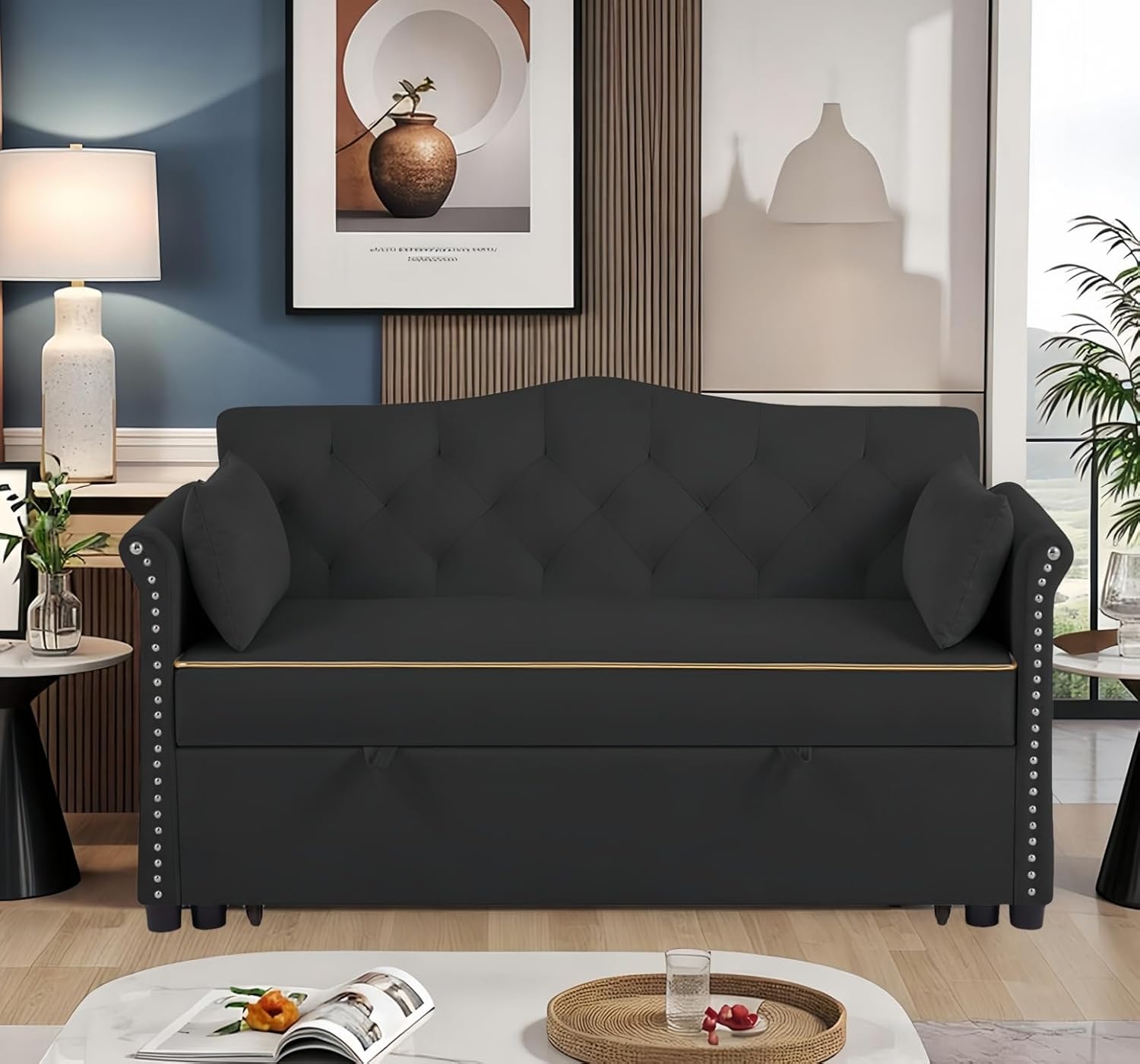 oaaktu 57-Inch Velvet Full Size Sleeper Sofa Couch with Pullout Bed,Convertible Pull Out with Golden Decorative Strip and Adjustable Backrest for Small Spaces,Apartment, Guest Room, RV (Black)