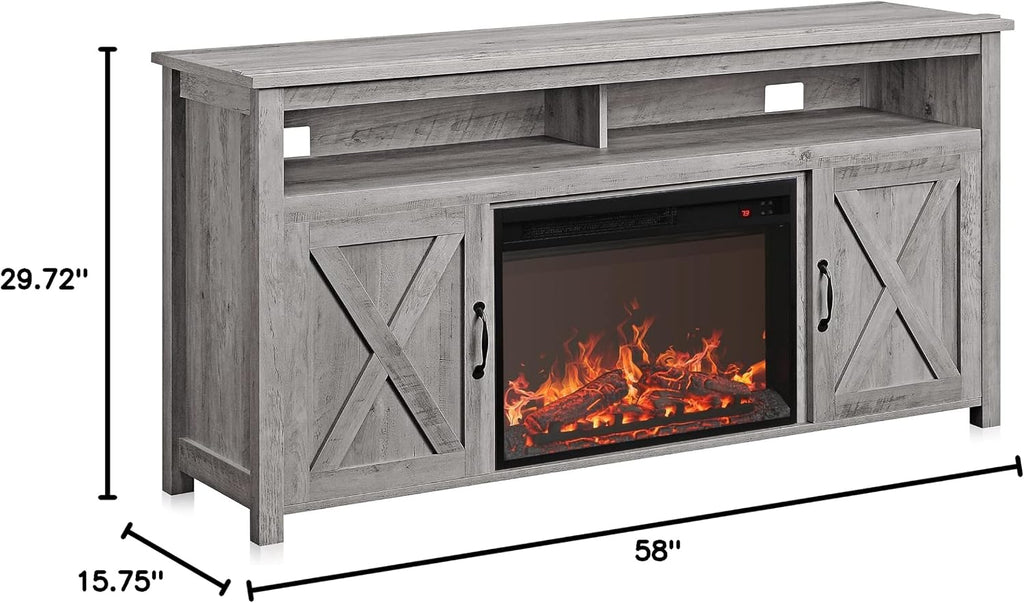 BELLEZE 58' Farmhouse Fireplace TV Stand for TVs up to 65', 23' Electric Fireplace Heater with Sound, Entertainment Center Media Console Table Barn Door Storage Cabinets for Living Room -Gray