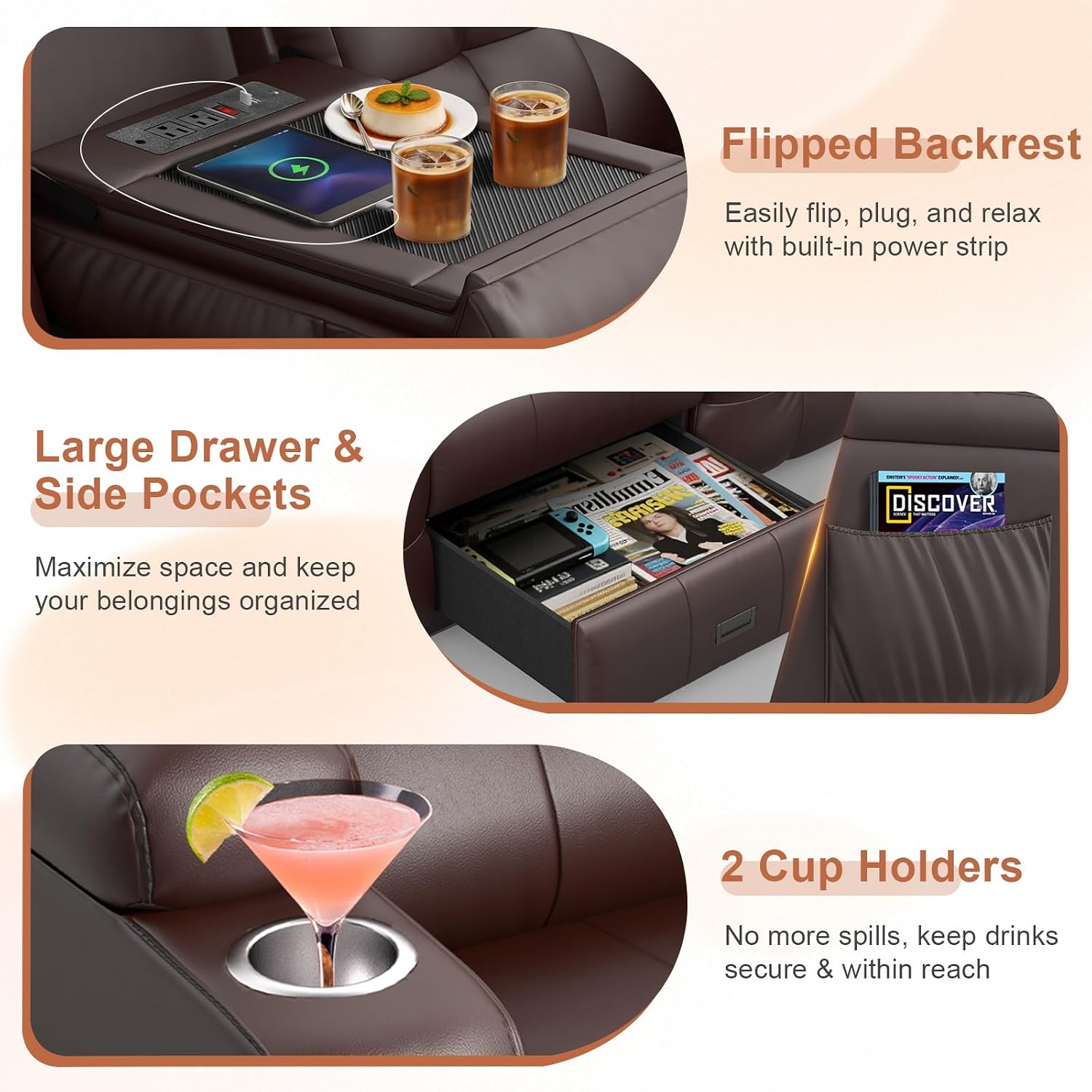 RV Loveseat Recliner Sofa, Built-in Power Strip, Massage Wall Hugger 3-Seater Recliners Couch, Flip Middle Backrest, Drawer & Cup Holder, Reclining Sleeper Sofa, 150° Recline for RV & Living Room