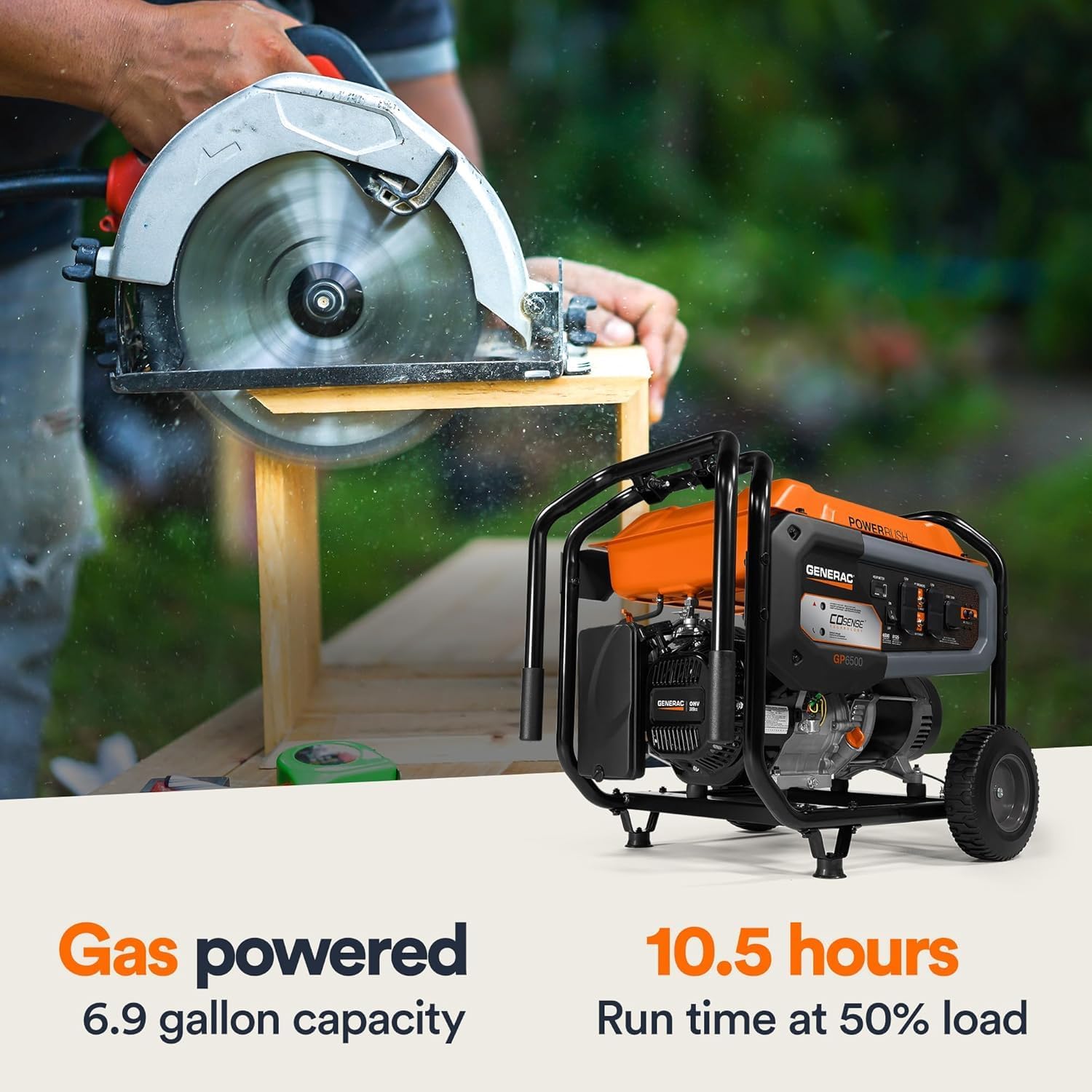 Generac 8,125 Starting Watt Portable Gas Generator, PowerRush Technology, COsense Carbon Monoxide Detection, 10.5 Hour Runtime, Heavy Duty Steel Frame, Home Backup Emergency, 49-State