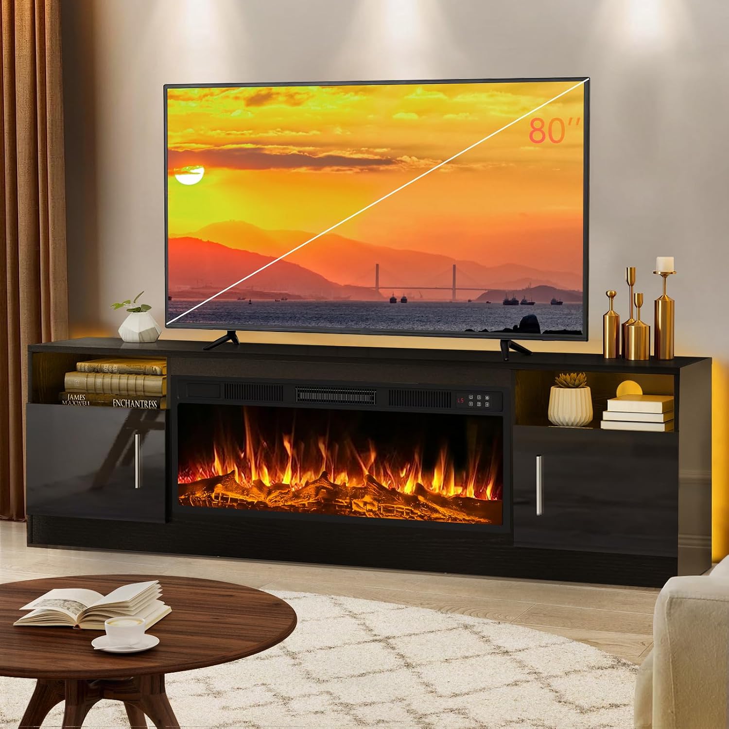 LEMBERI Fireplace tv Stand with 36 inch Fireplace Up to 80' TVs,LED Light Entertainment Center and Storage, 70' Modern Wood Media TV Console with Highlight Cabinet for Living Room (Black)