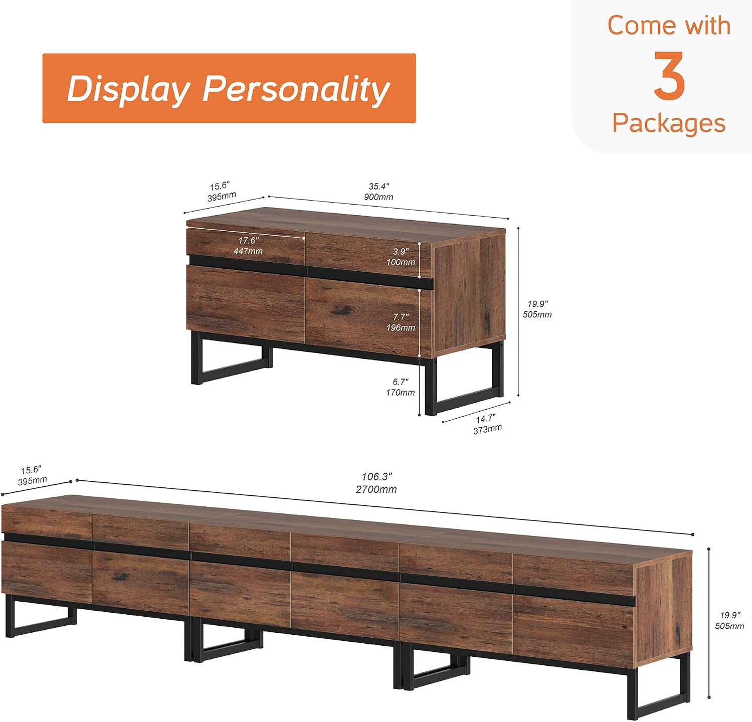 WAMPAT Modern TV Stand for 32-110 Inch TVs, Wood Entertainment Center with Metal Base Storage Cabinets, Media TV Console for Living Room, Brown, 3Pcs