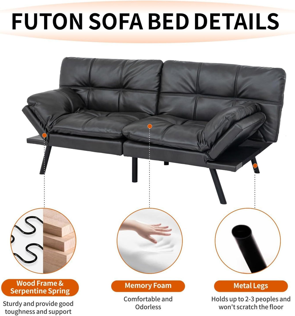 MUUEGM Futon Sofa Bed Convertible Futon Couch Bed Memory Foam Sofa Sleeper,Adjustable Armrest&Backrest Full Size Lounge Couch for Office Apartment Living Room,Matte Black