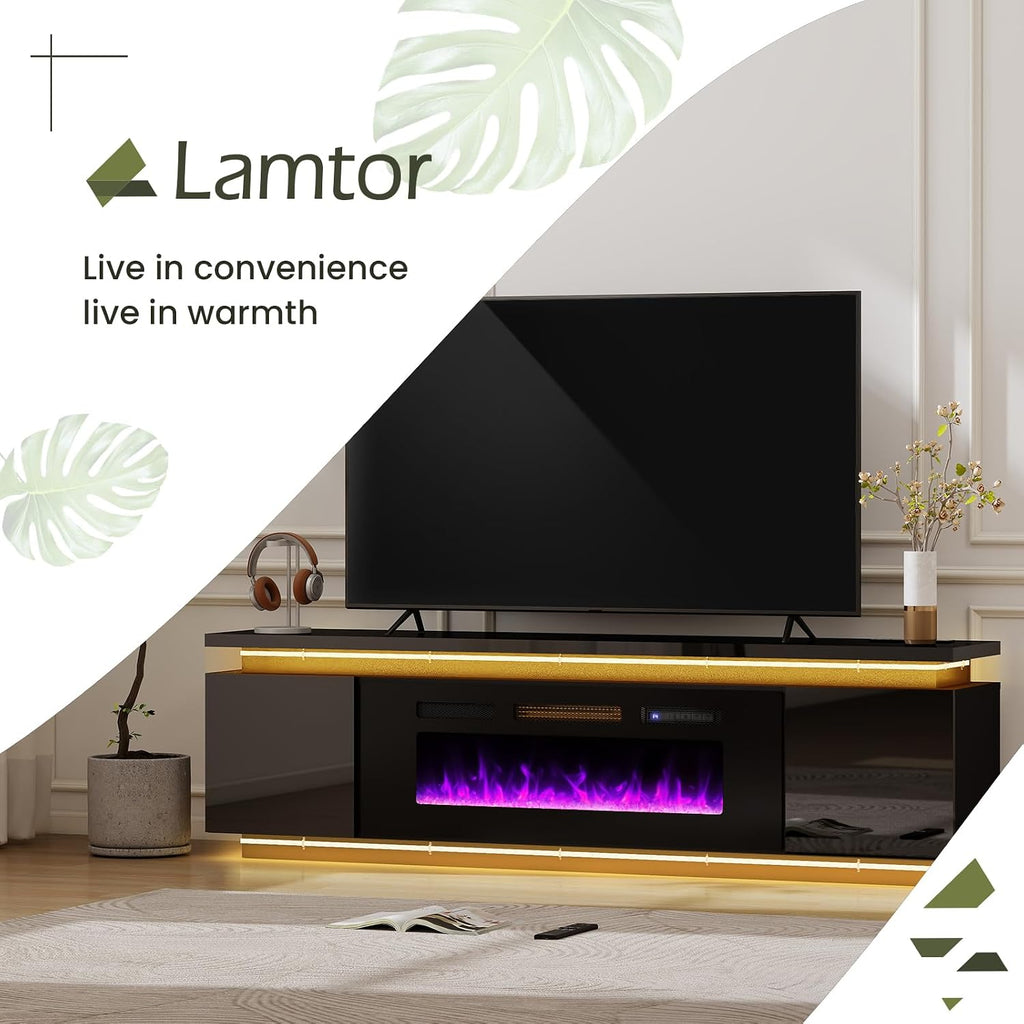 Lamtor Fireplace TV-Stand with 40' Fireplace - 2 LED Light TV-Stand for 85 inch TVs - Entertainment Center with 4 AC Power Outlets - 2 Tier TV Consoles Stand for Living Room, Black