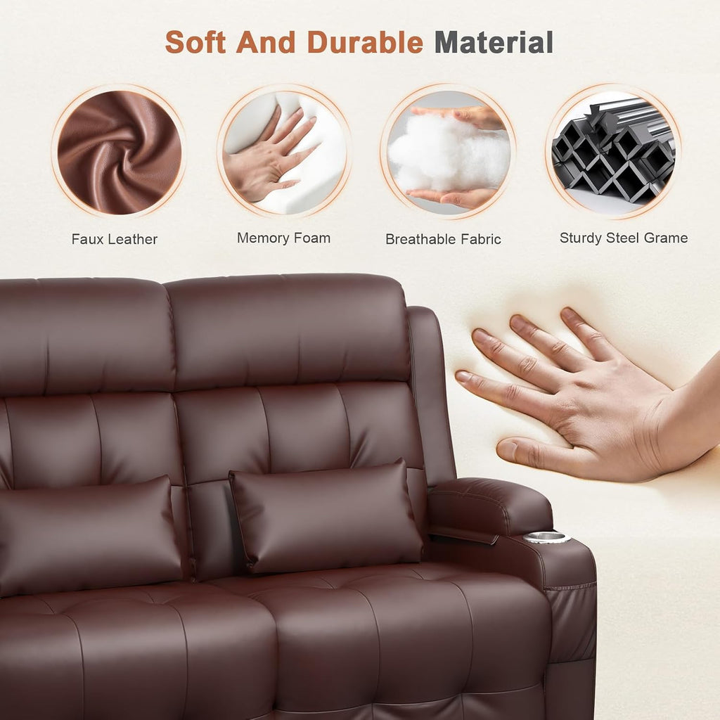 Power Loveseat Recliner Sofa with Graphene Heating & Massage, Zero Wall Hugger Home Theater Seating, RV Reclining Couch with LED Lights, USB & Type-C, Cup Holders, Hidden Storage Armrest & Pillows
