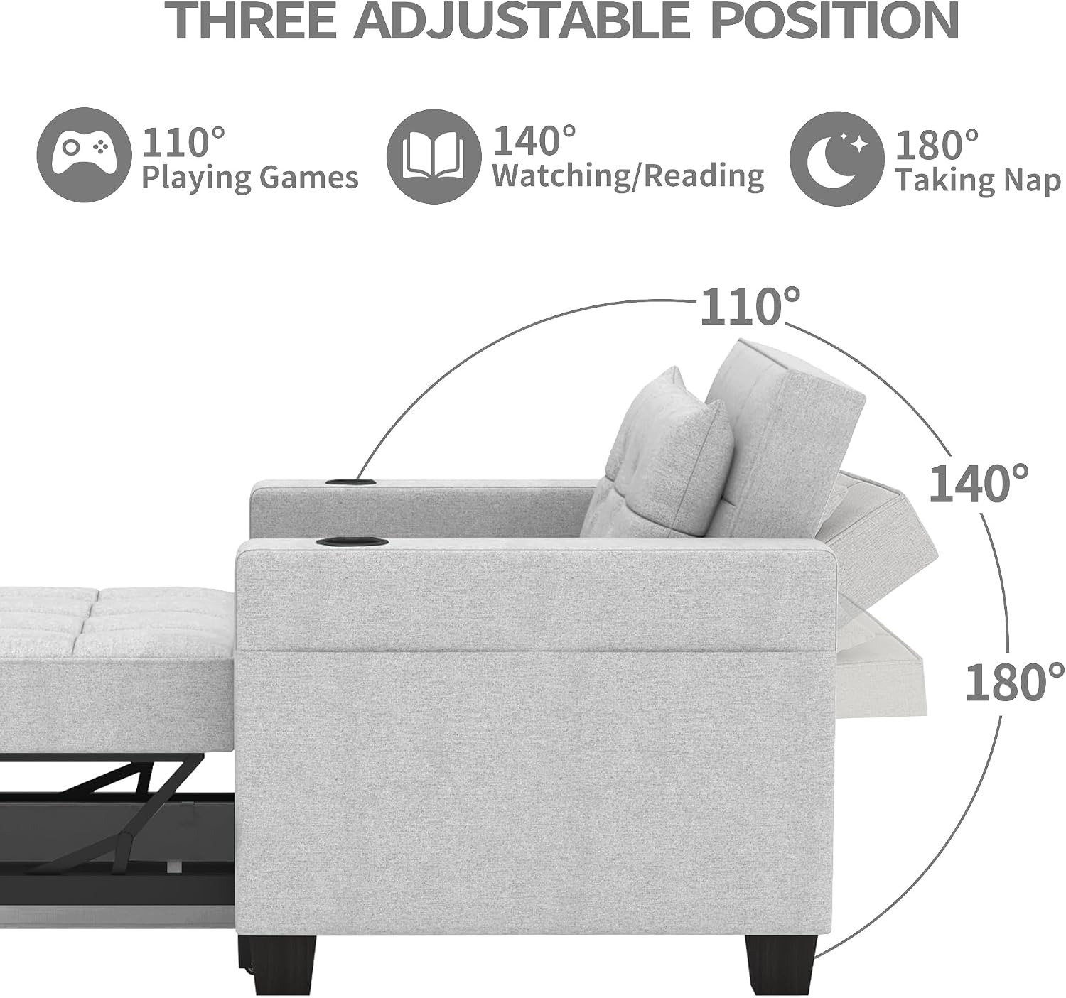 DURASPACE 36.6' Futon Chair Bed Convertible Chair 3-in-1 Pull Out Sleeper Reading Chair Beds with USB, Armchair Sleeper Bed for Living Room, Dorm, Small Space (Light Gray Linen)