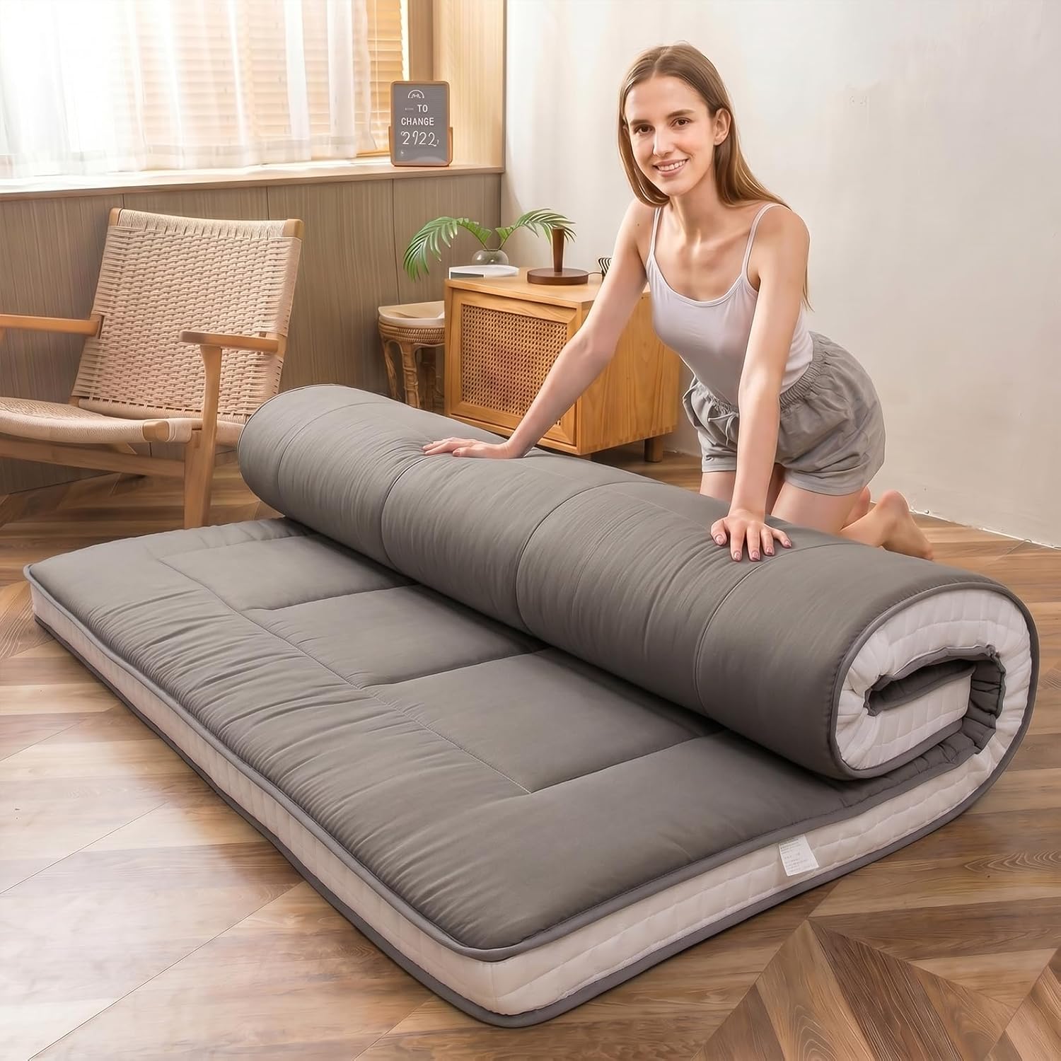 MAXYOYO King Futon Mattress Foam Mattress Topper, Japanese Floor Mattress Foldable Mattress Futon Mattress Pad Guest Mattress, Extra Thick Folding Floor Couch for Adults, Dark Grey King Size