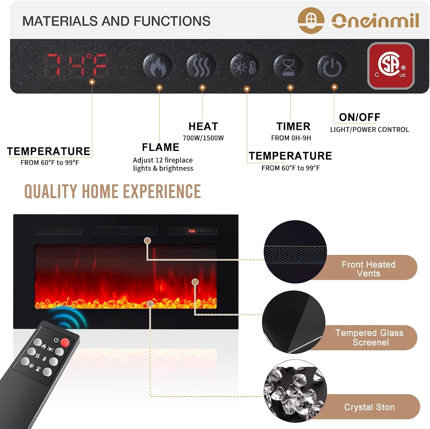 oneinmil 80' TV Stand with 36' Electric Fireplace, Large Modern Media Entertainment Center with Storage Cabinet and 12 Colors LED Lights for TVs Up to 90', Grey+Black