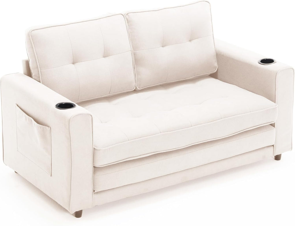 Merax Convertible Sleeper Sofa Bed, Futon Sofa Bed, 3 in 1 Convertible Loveseat Sleeper with Pull Out Bed, Foldable Tufted Sofa Bed Couch W/Cup Holder and Side Pockets,Beige