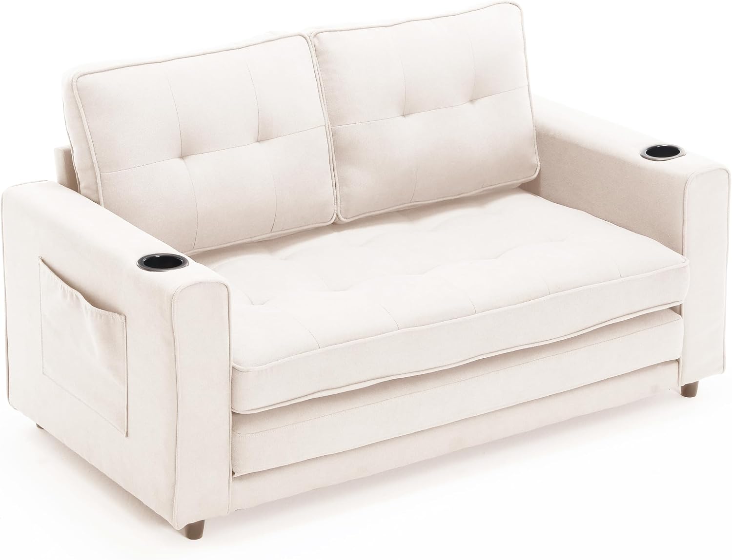 Merax Convertible Sleeper Sofa Bed, Futon Sofa Bed, 3 in 1 Convertible Loveseat Sleeper with Pull Out Bed, Foldable Tufted Sofa Bed Couch W/Cup Holder and Side Pockets,Beige