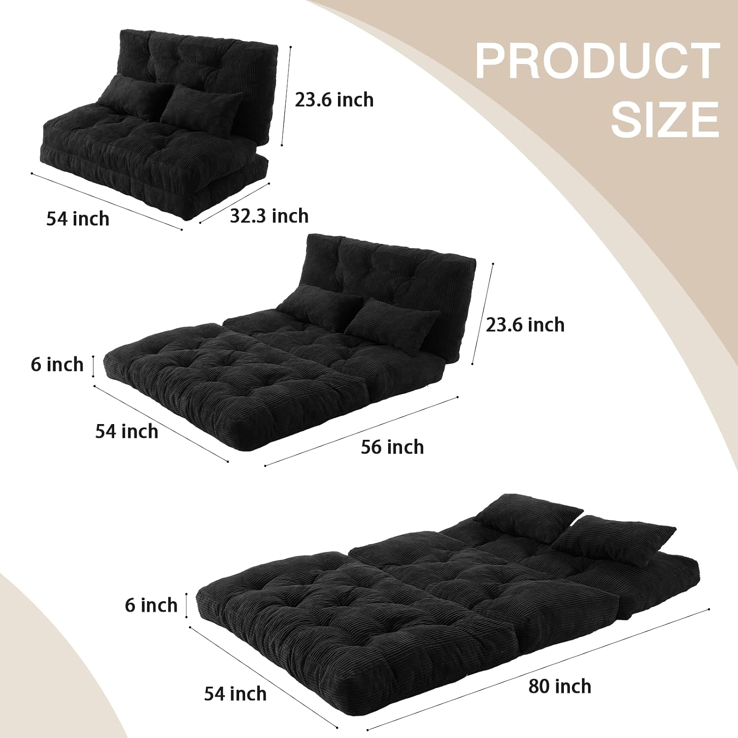 Folding Sofa Bed, Convertible Sleeper Chair with Pillow Foldable Mattress with Back Support, Portable Fold Out Chair Bed Comfy Floor Sofa Lounge for Living Room Bedroom, Black Full 80x54 Inch