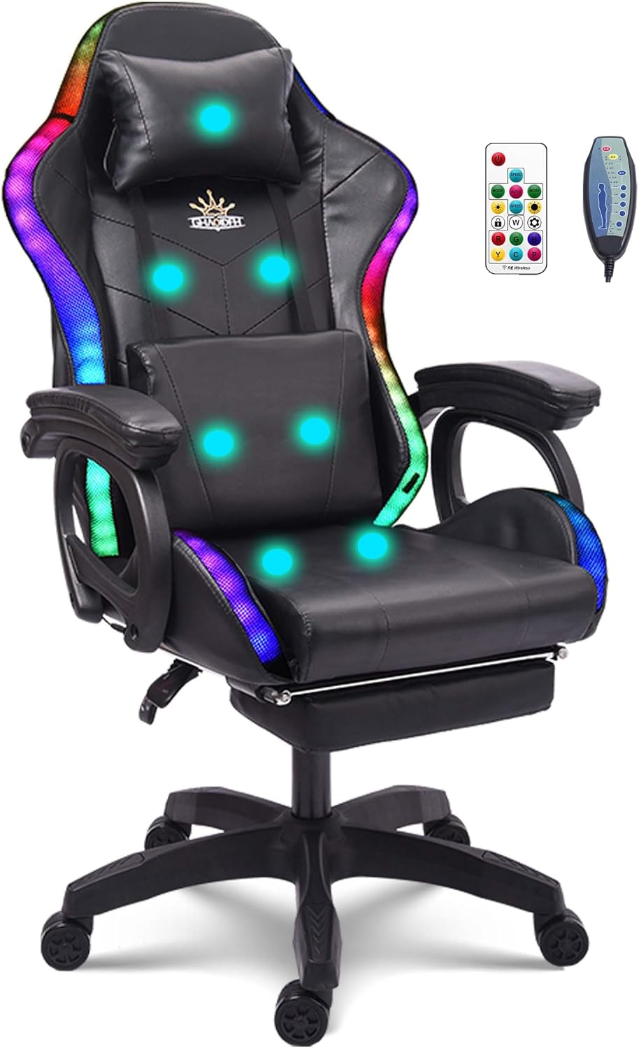 Gaming Chair with 7-Point Massage Function, Ergonomic Computer Chair with Footrest and Lumbar Support, Video Gaming Chair with RGB Lights and Speakers, Adjustable Backrest Swivel Chair,Black