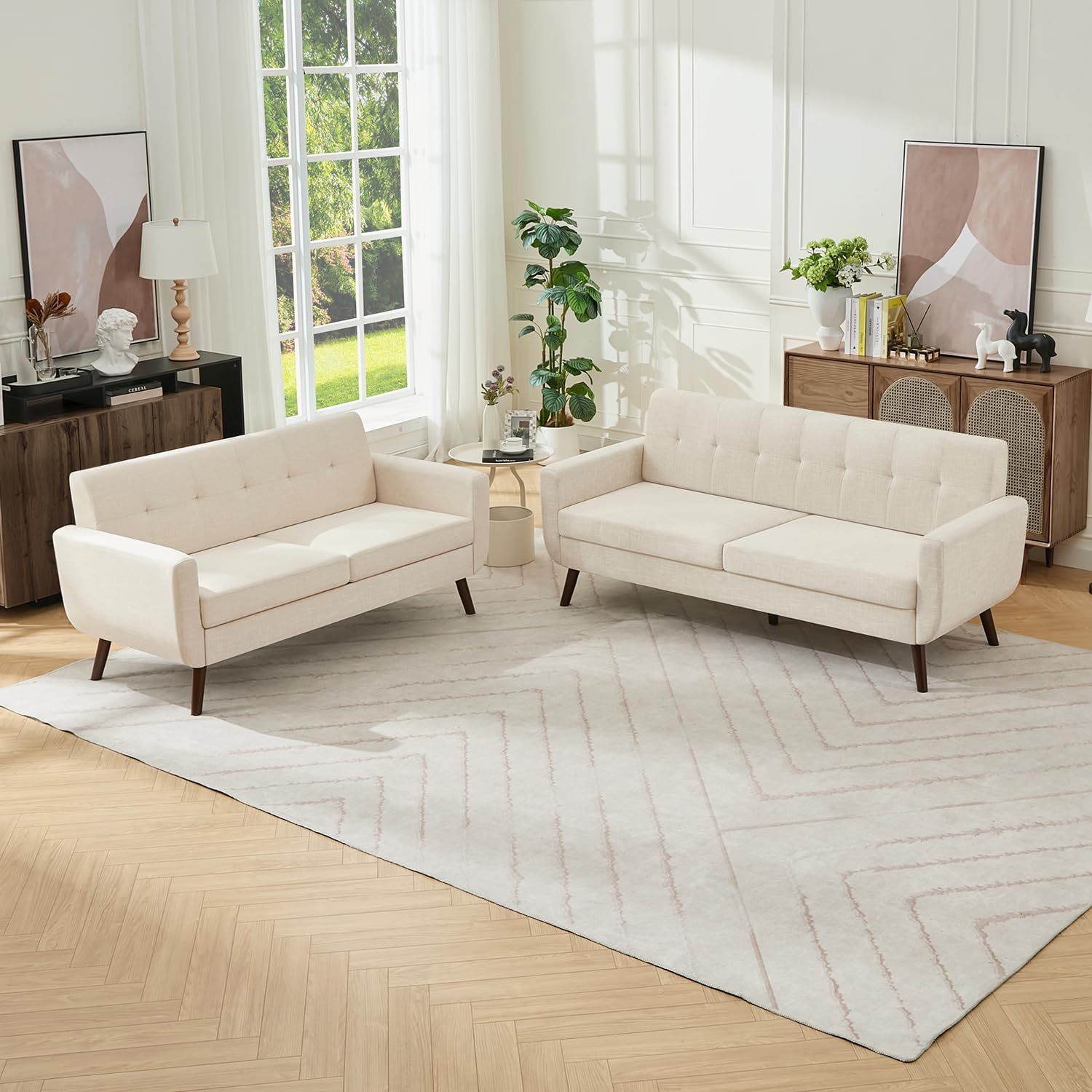 Tbfit Mid Century Modern Sofa Couch, Beige, Loveseat & Standard Sofa