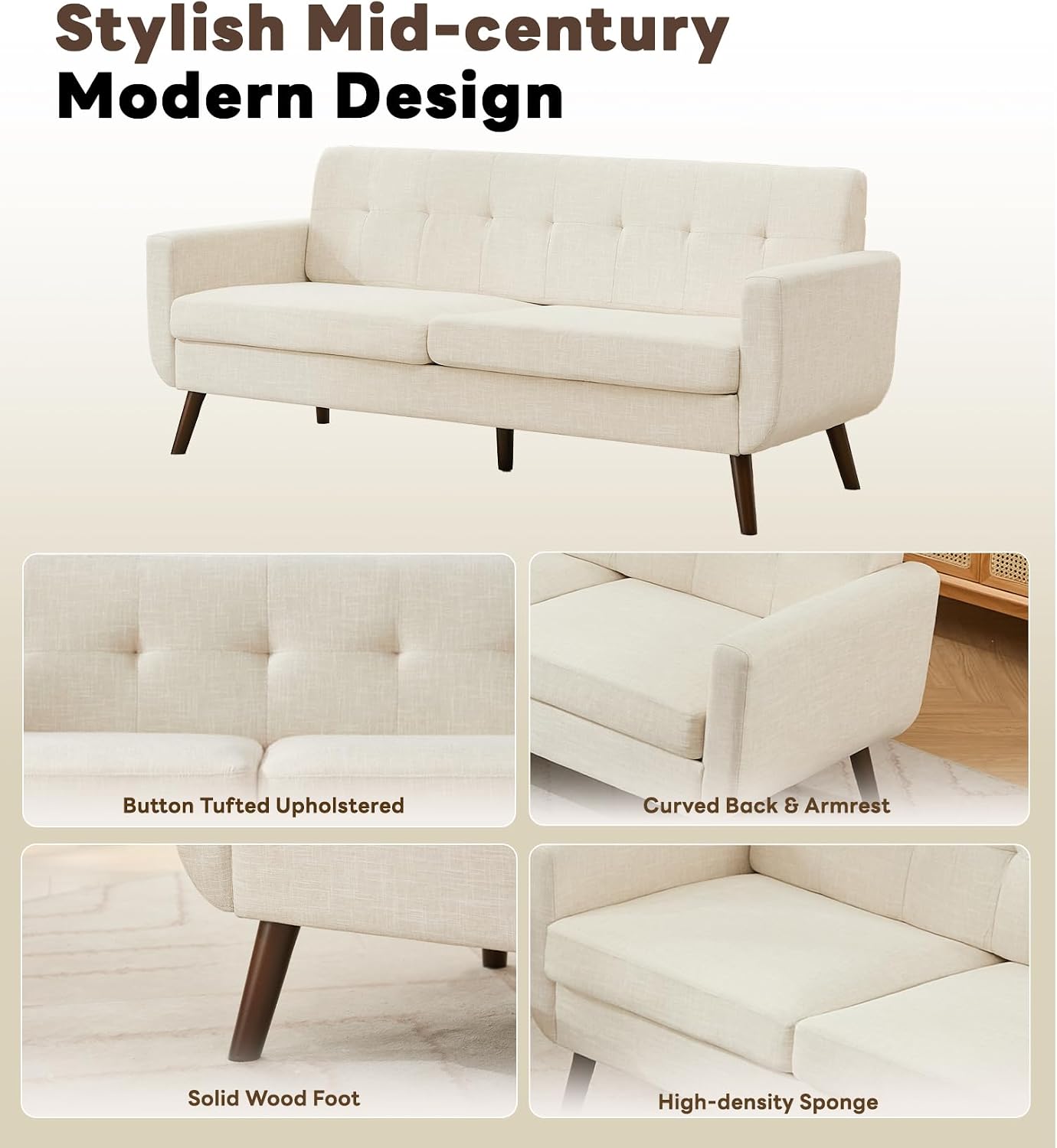 Tbfit 77.2' W Linen Sofa Couch, Mid Century Modern Decor Loveseat Couches for Living Room, Button Tufted Upholstered Small Couch for Bedroom, Solid, and Easy to Install Love Seats Furniture, Beige