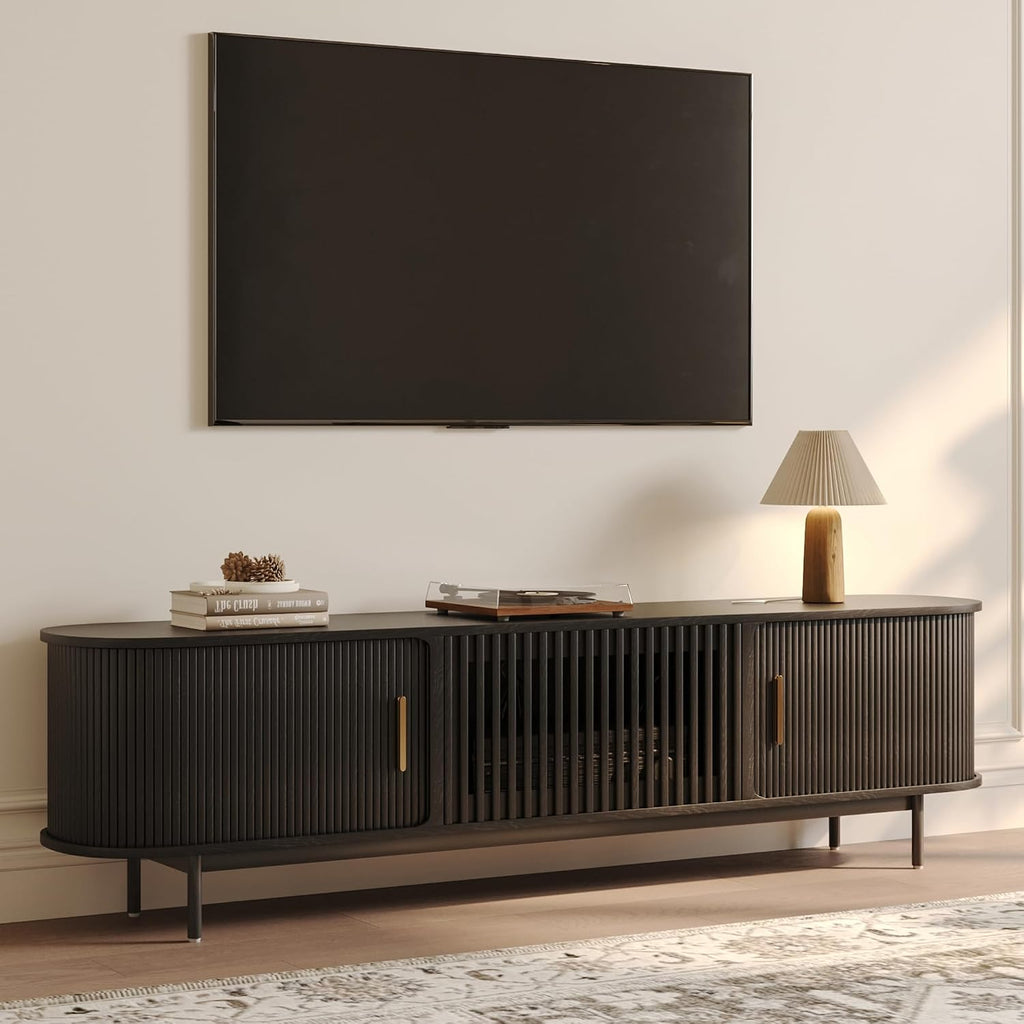 POVISON Fully-Assembled Mid Century Modern TV Stand, Sliding Tambour Door Entertainment Center with Storage, Wood TV Console, Media Console for Living Room Bedroom(Black, 78.74')